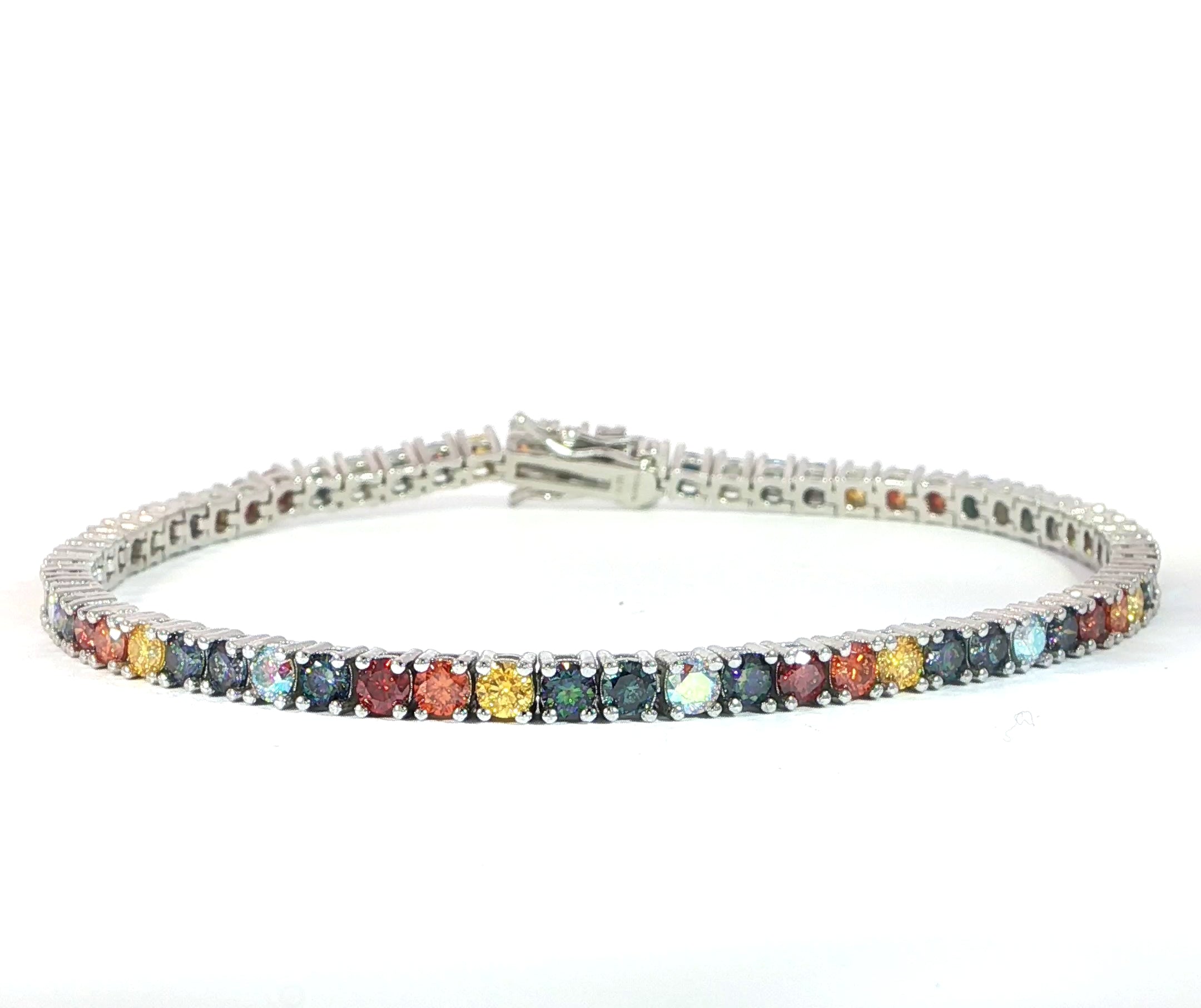 Video of 3mm sterling silver multi-colored vvs moissanite tennis bracelet.