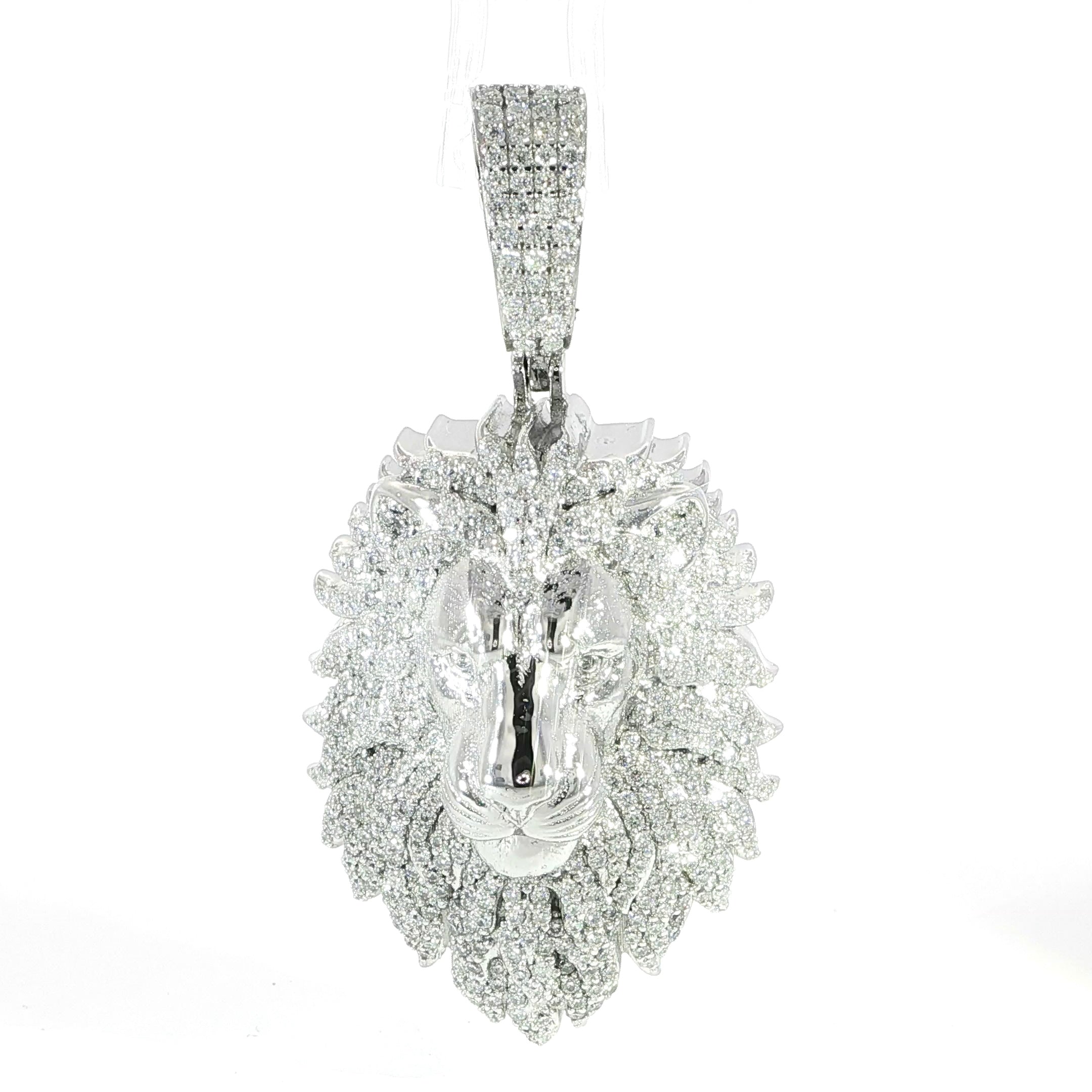Silver Iced Out Lion Head Pendant with Detailed Mane