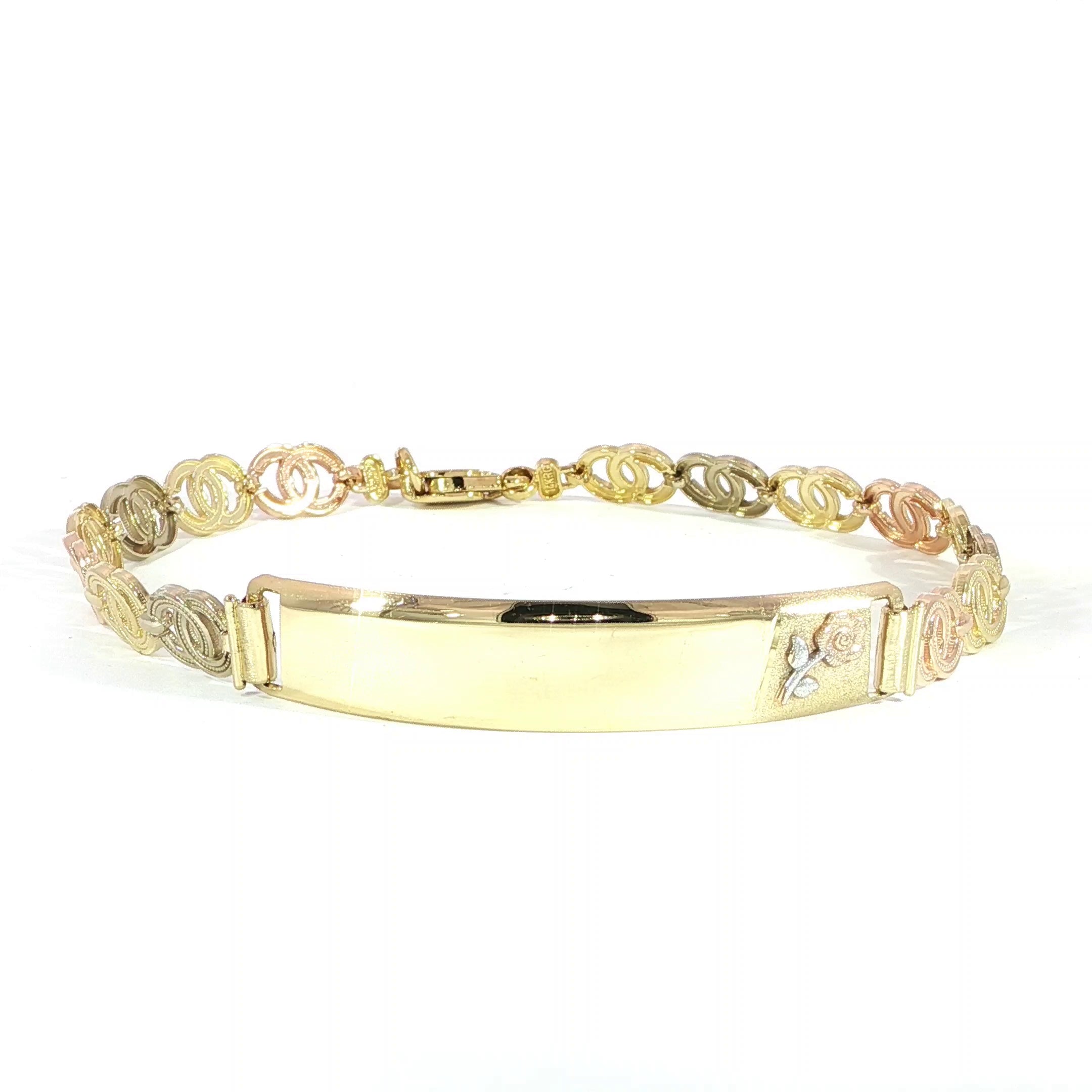 14K Tri-Color Gold Interlocking Circle Link Engravable ID Bracelet.