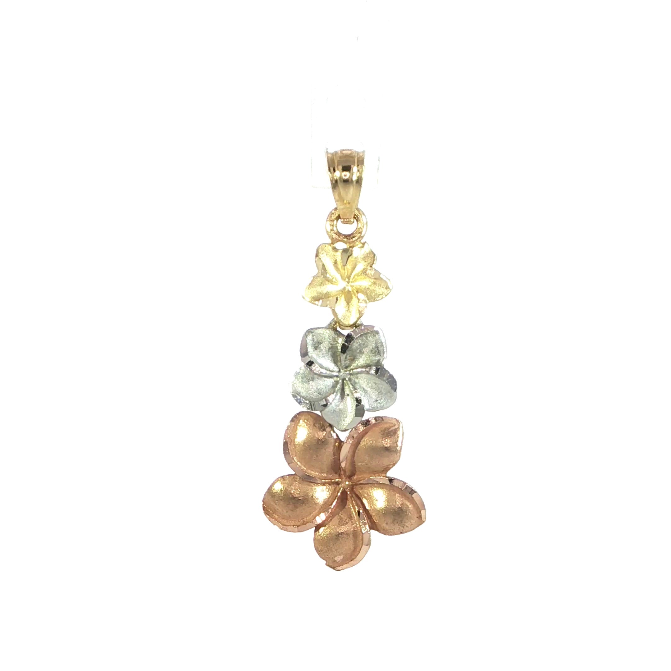 Tropical-inspired tri-color gold plumeria pendant