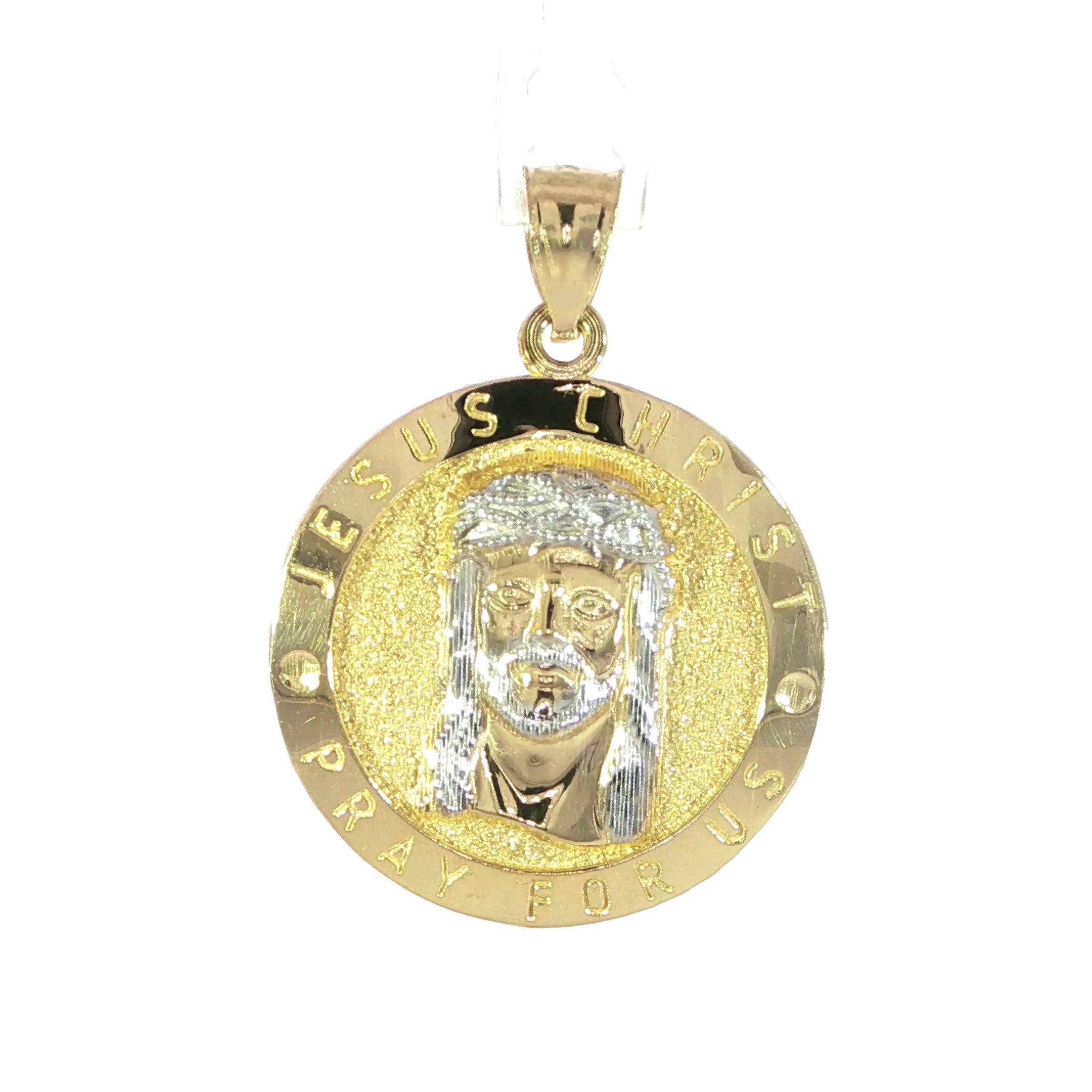 Jesus Christ Pray For Us medallion pendant in gold