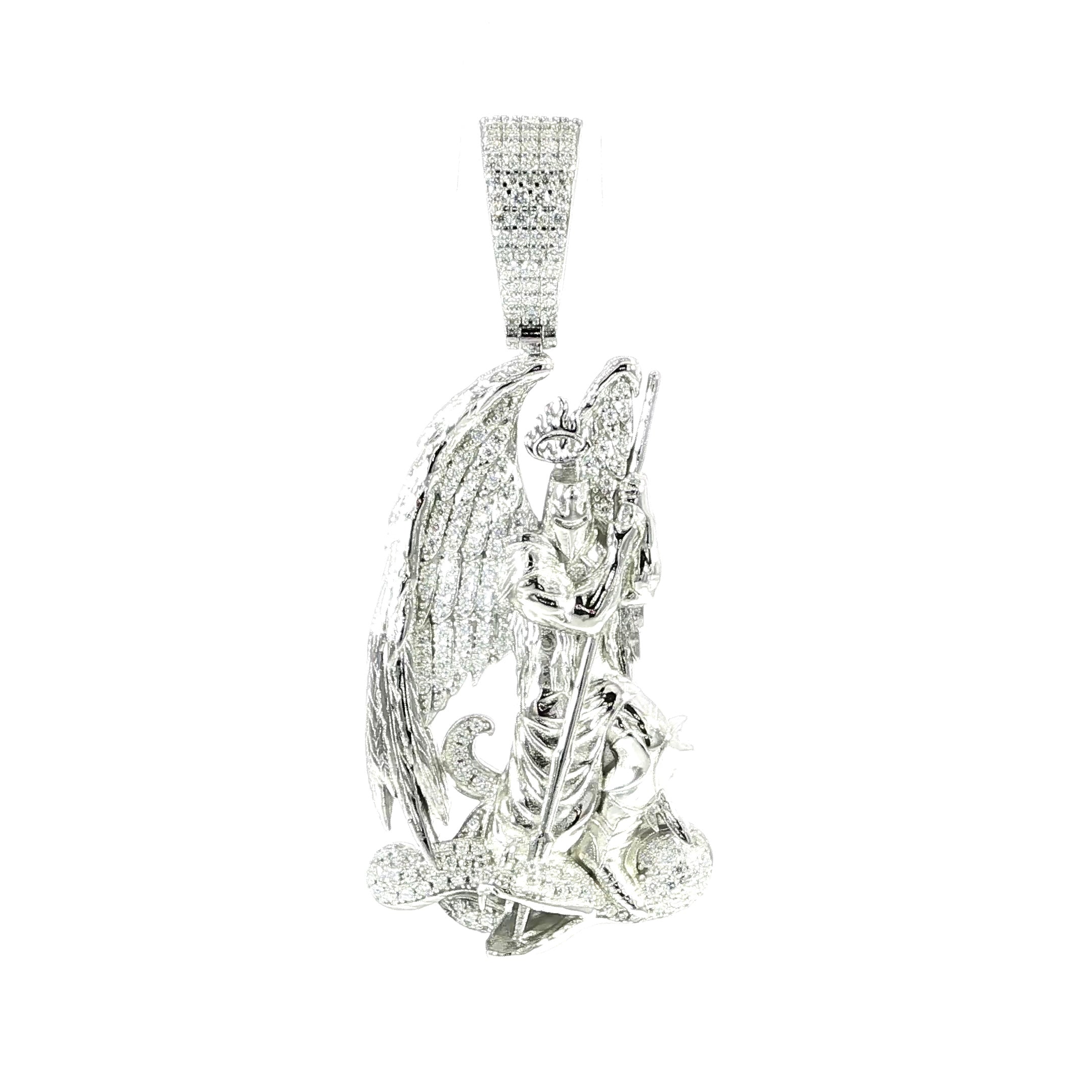 Sterling silver Saint Michael pendant with 1.36 CTW VVS moissanite.