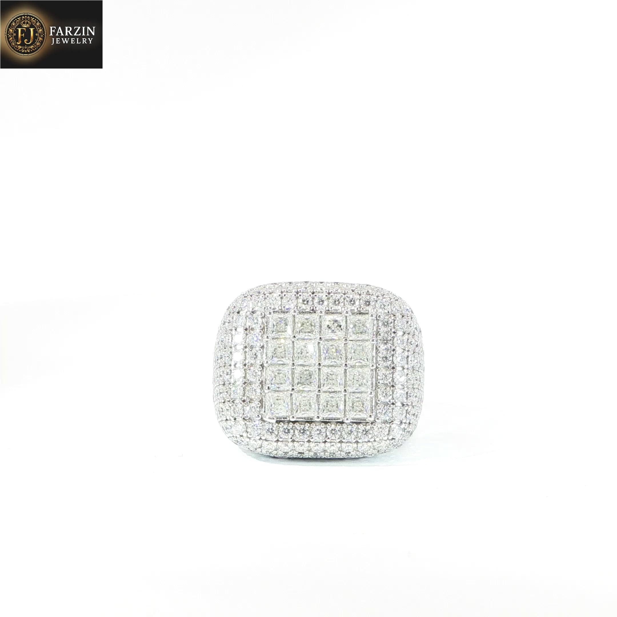 Video of silver VVS moissanite ring with bold square pave setting