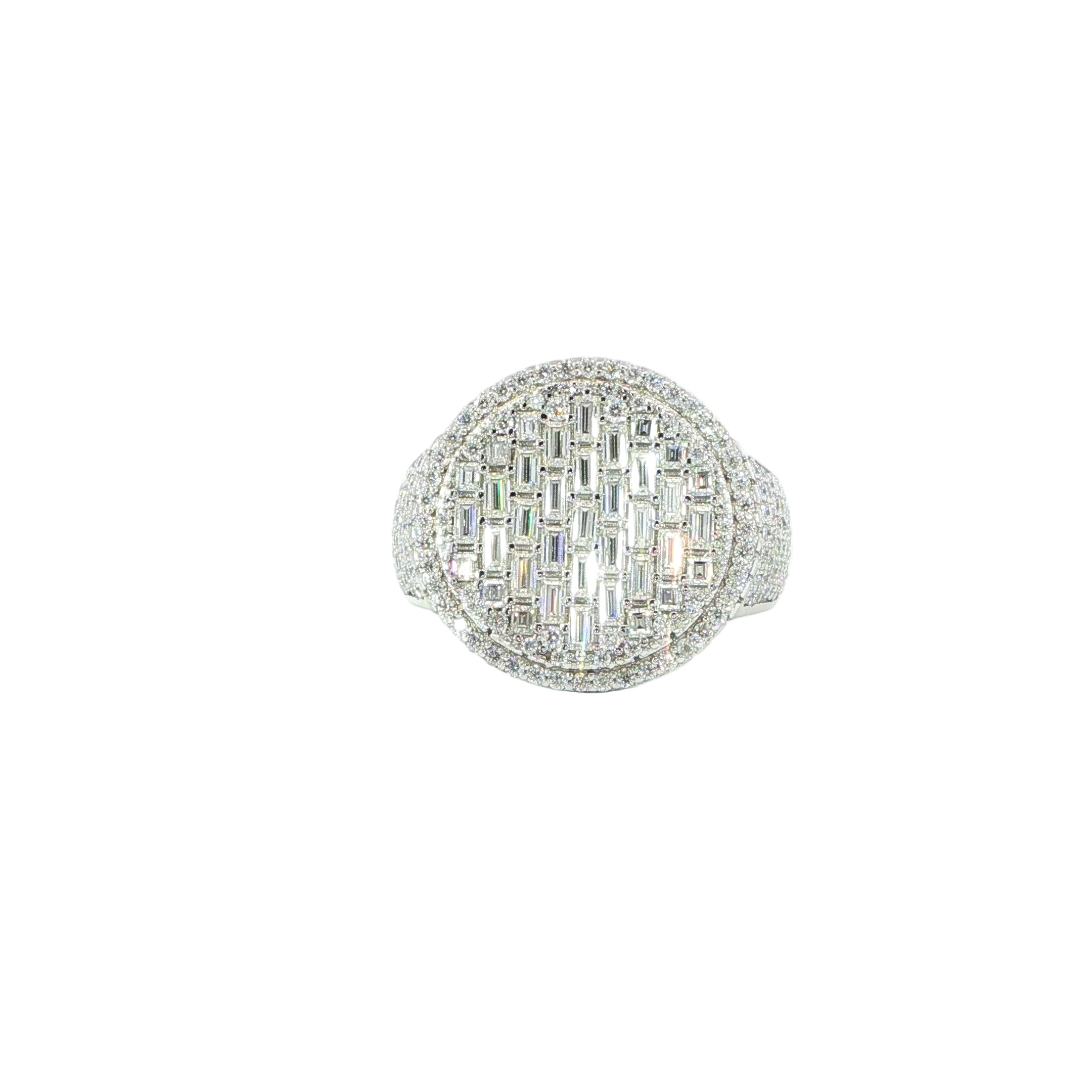 Video of round statement ring with baguette and pavé moissanite stones