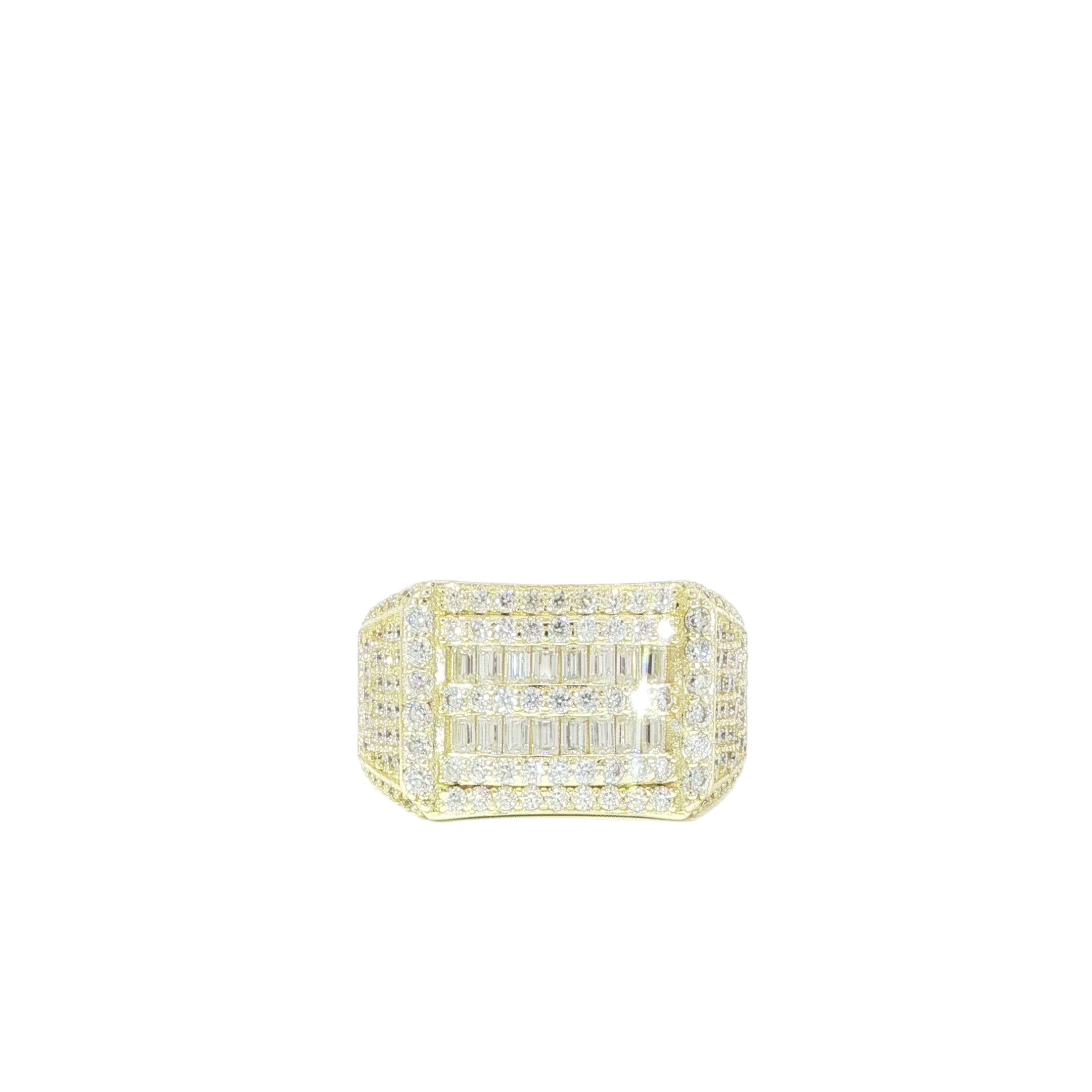 Video of gold plated sterling silver ring with pavé baguette and round moissanite