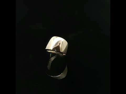 Angled view of a polished yellow gold dome band with a 13mm top