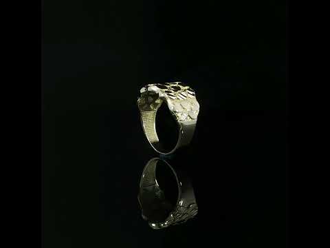 Men's 14K yellow gold nugget statement ring featuring a bold 14mm wide top with overlapping polished oval facets and a textured gold pattern.