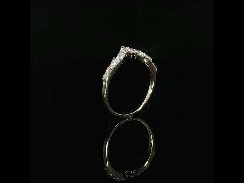Curved shoulders frame the diamond-covered V-shaped center of a 14K yellow gold ring.