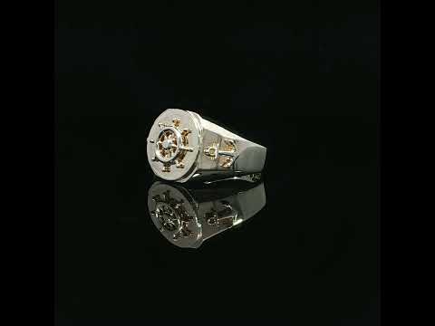 Mariner wheel signet ring in 14K yellow gold with a 15mm top and polished tapered shoulders.