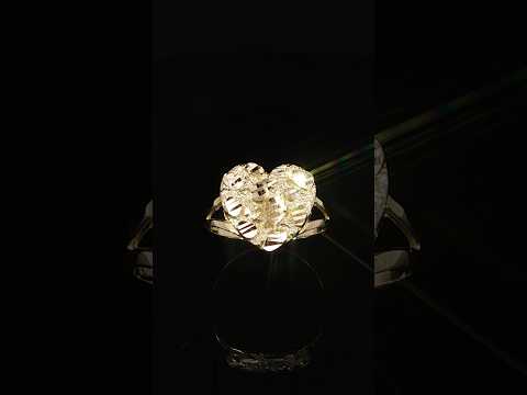 Angled view of a 10K yellow gold heart ring with nugget texture and open split shoulders.