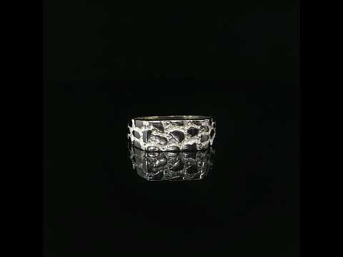 Straight front view of an 8mm wide 14K yellow gold rectangular nugget ring highlighting its geometric raised texture and reflective polished finish.