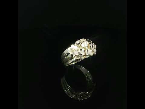 Angled profile of a 14K yellow gold diamond-cut nugget ring featuring a raised textured top that transitions into a smooth tapered band.