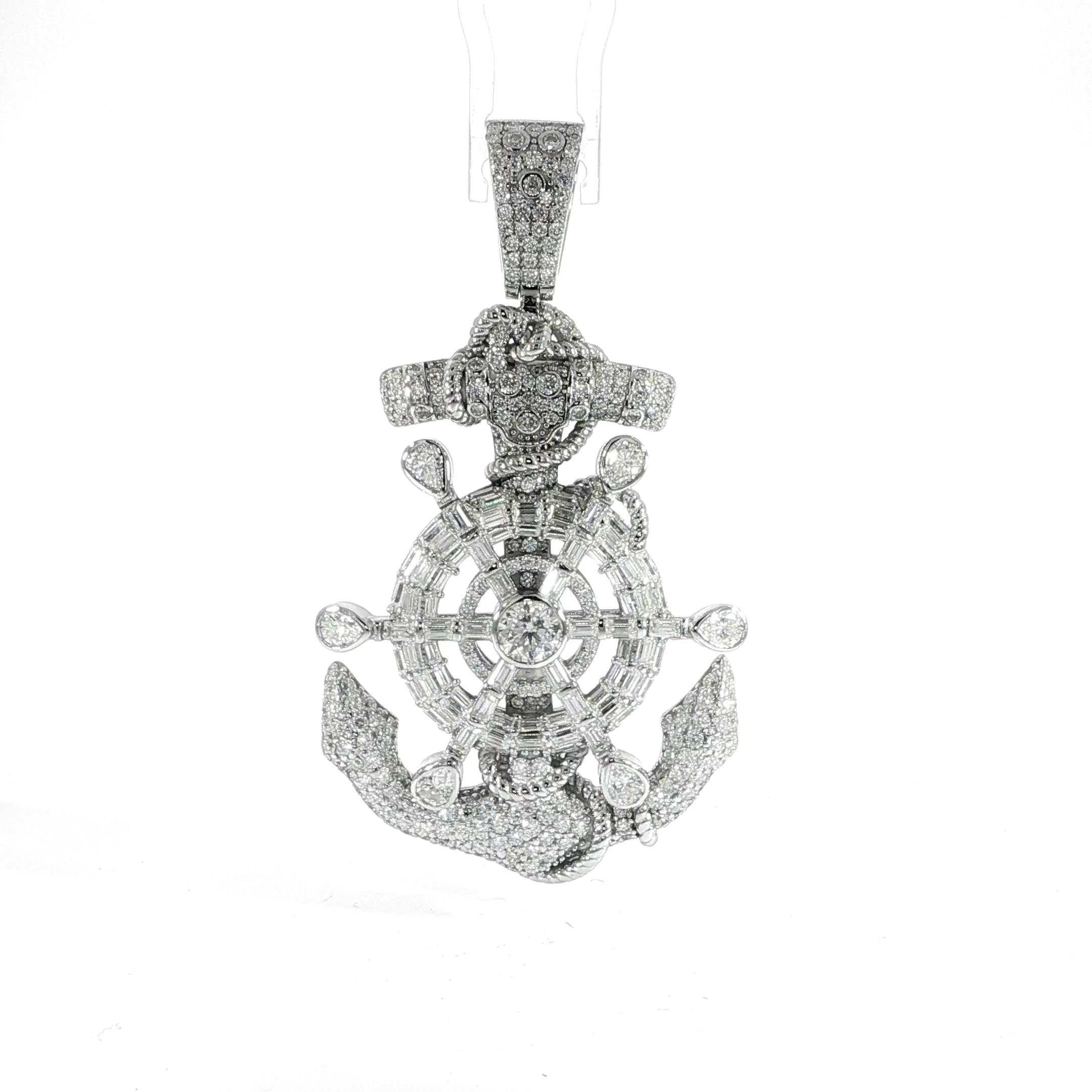 Men's sterling silver anchor pendant with baguette moissanite accents.