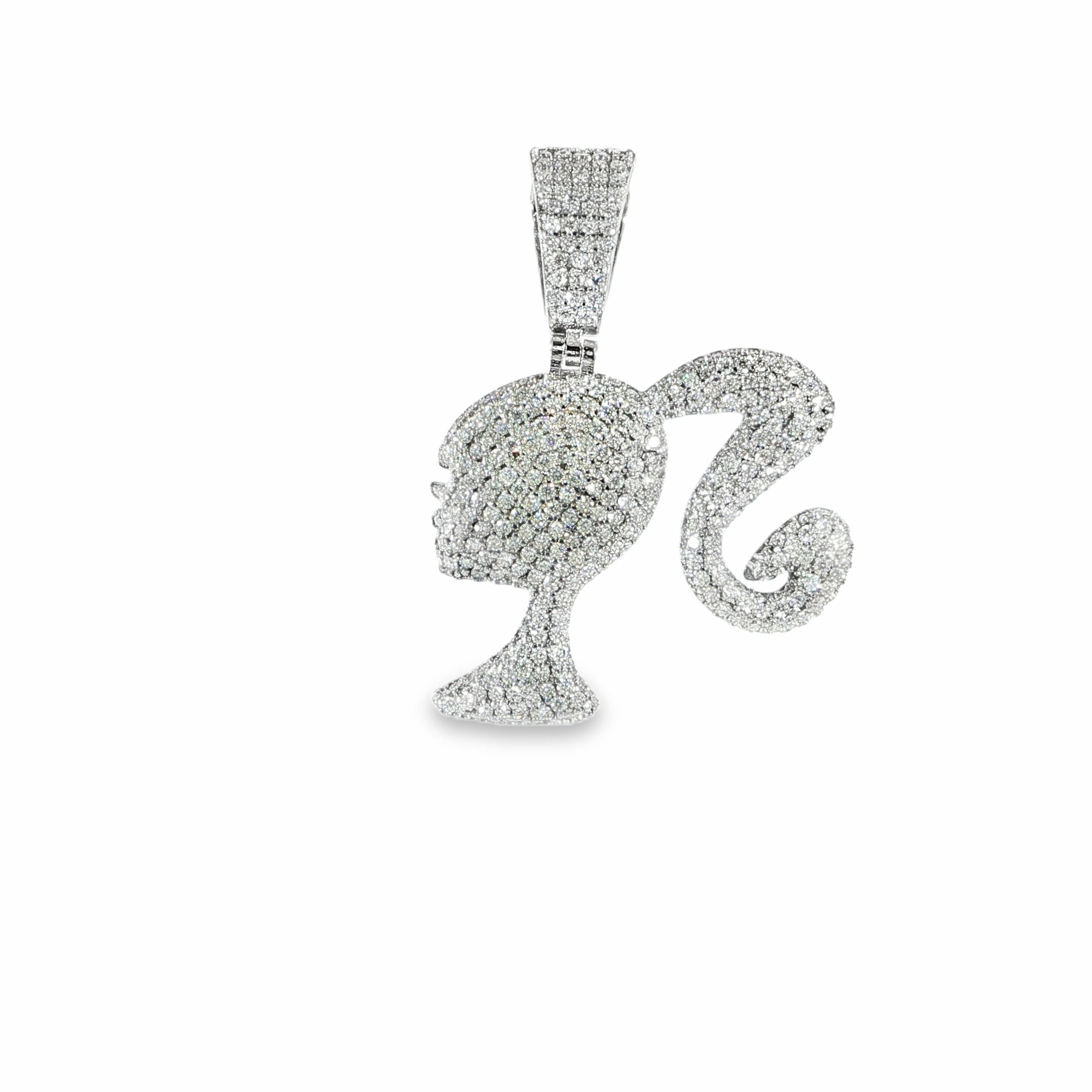 Iced Out Barbie Profile Pendant in 925 Sterling Silver