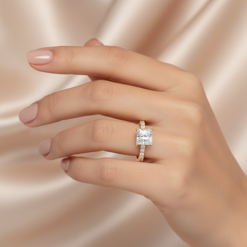 14K gold solitaire ring with princess cut center diamond