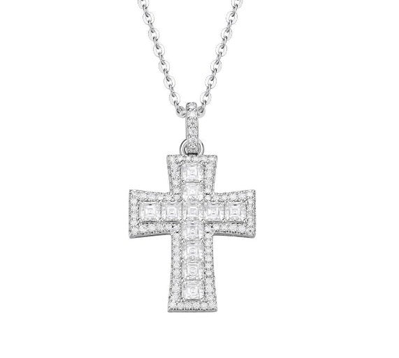 Princess-cut moissanite cross pendant necklace crafted in 925 sterling silver.