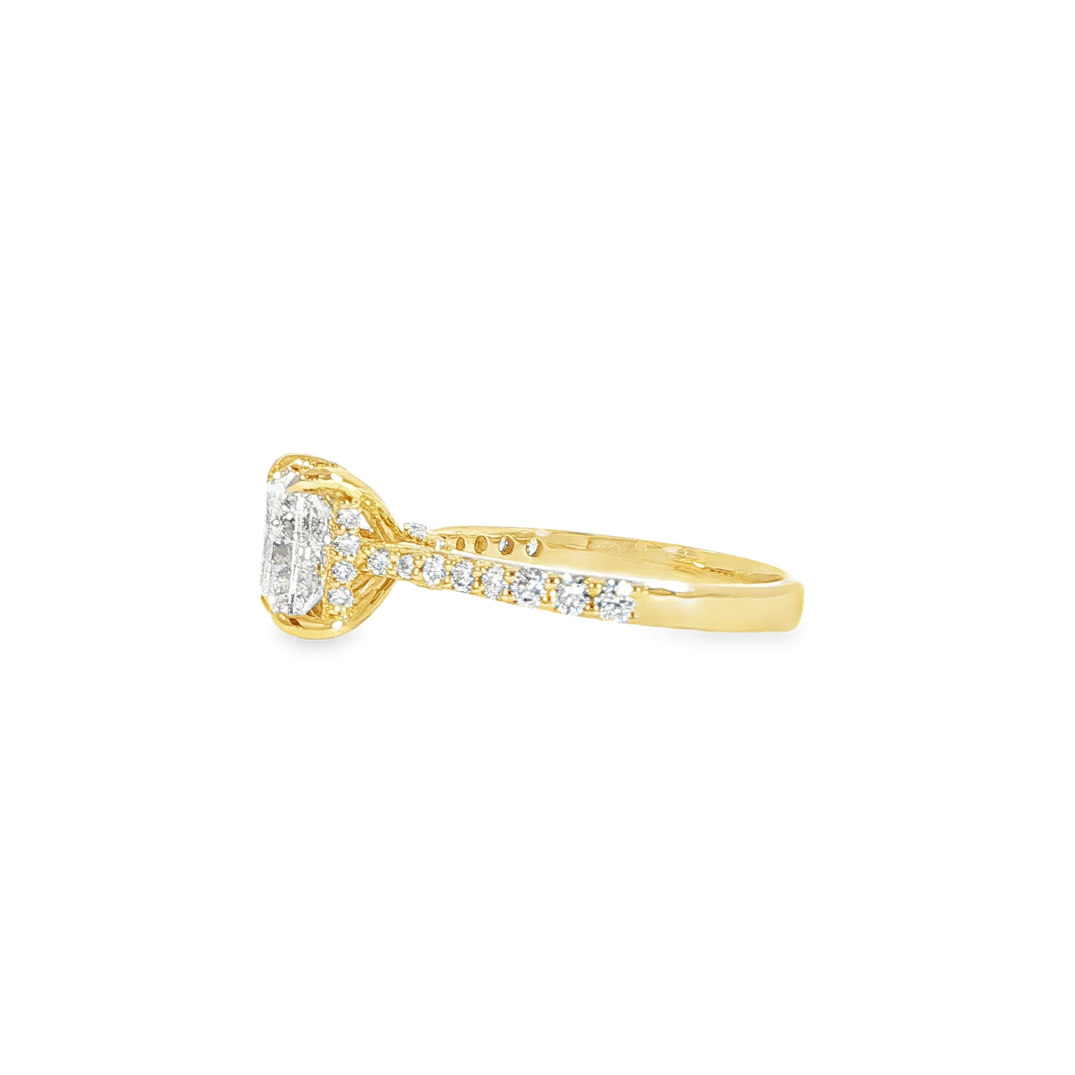 Side view of princess cut ring showing hidden halo detail