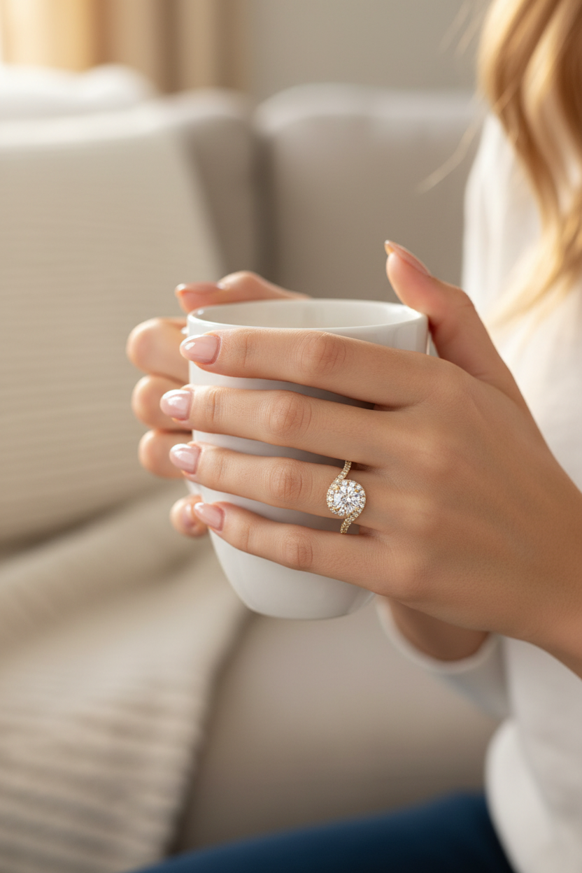 Model wearing bypass ring with round diamond center and curved band