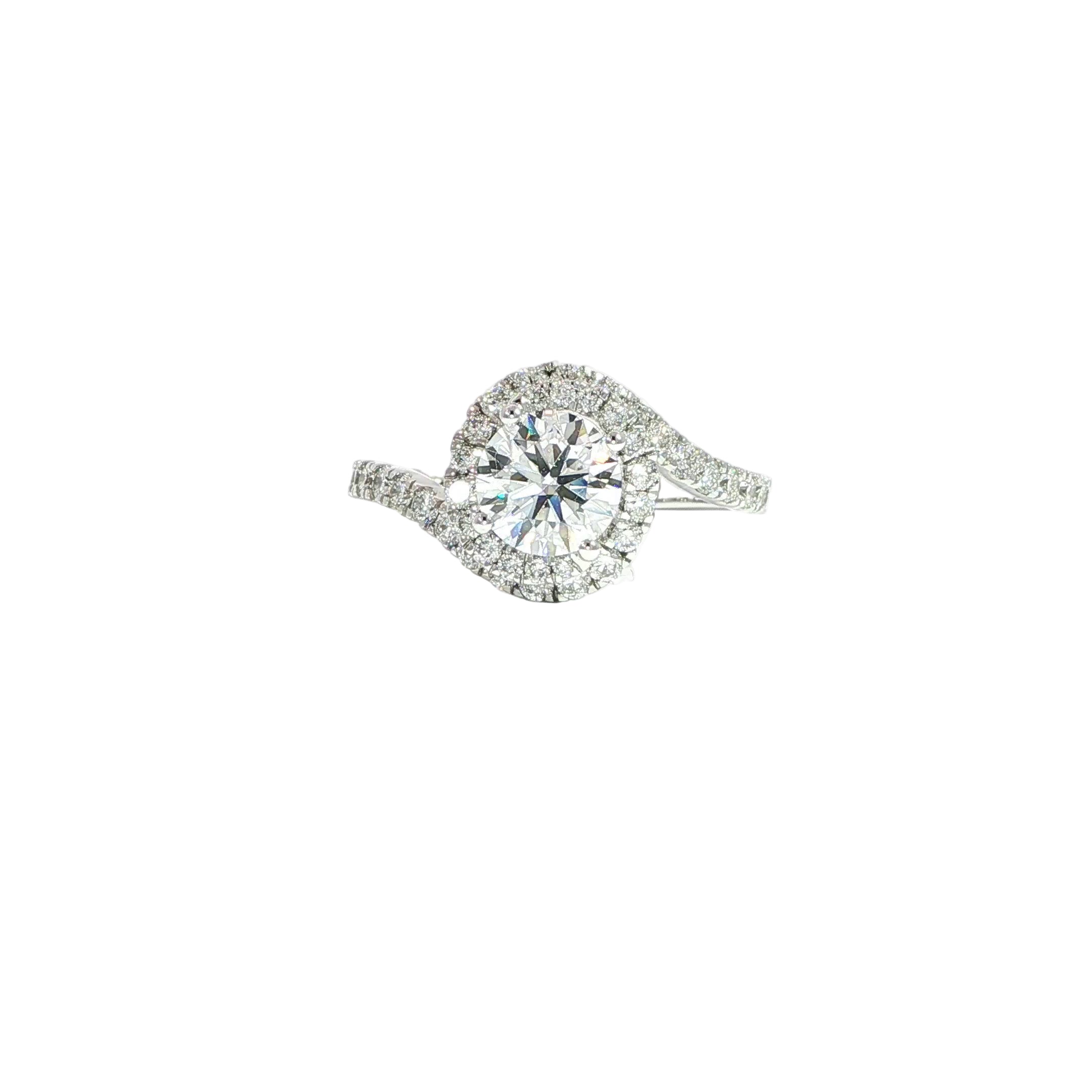 Modern white gold bypass ring with 1ct round center diamond