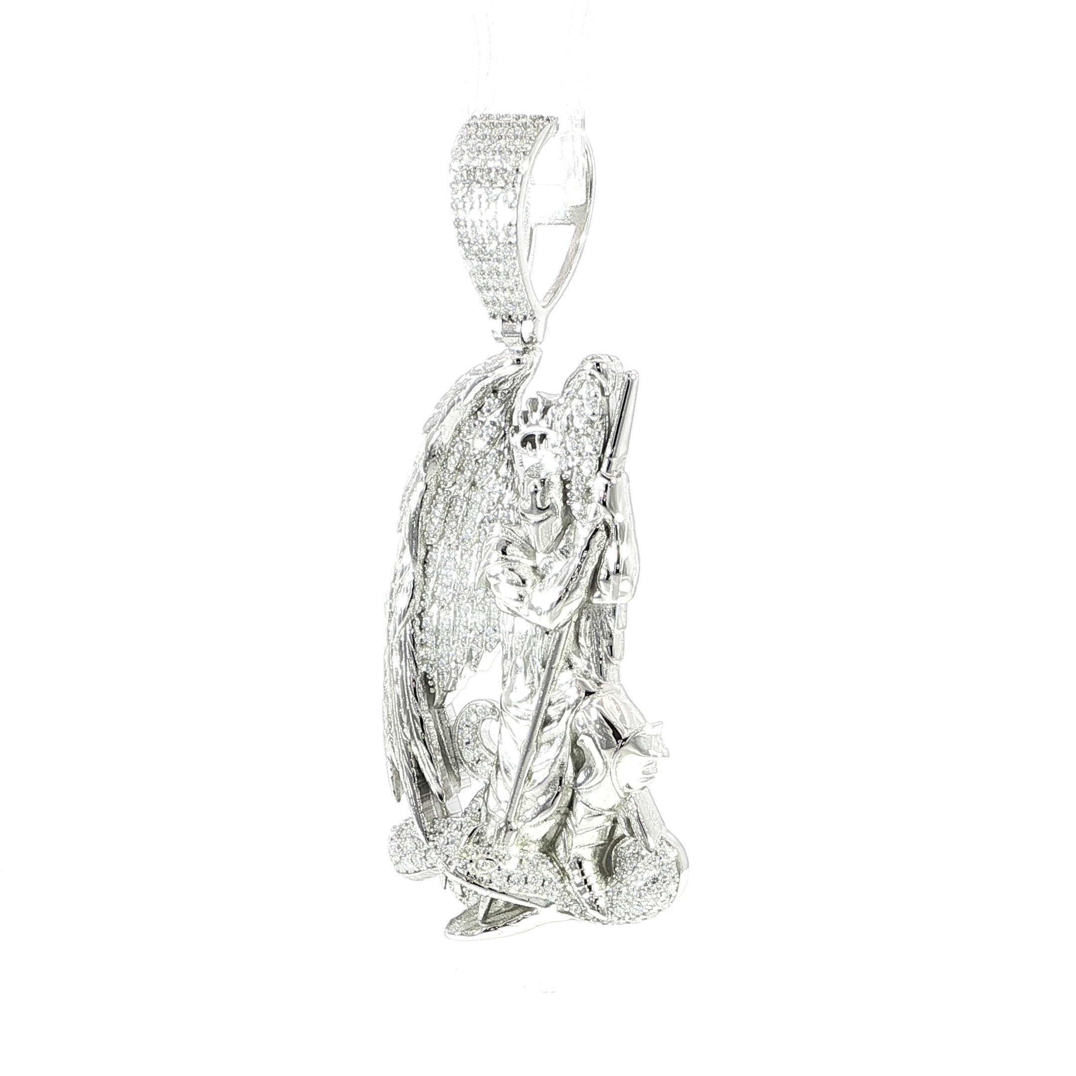 Archangel Saint Michael pendant with detailed wings and moissanite accents.