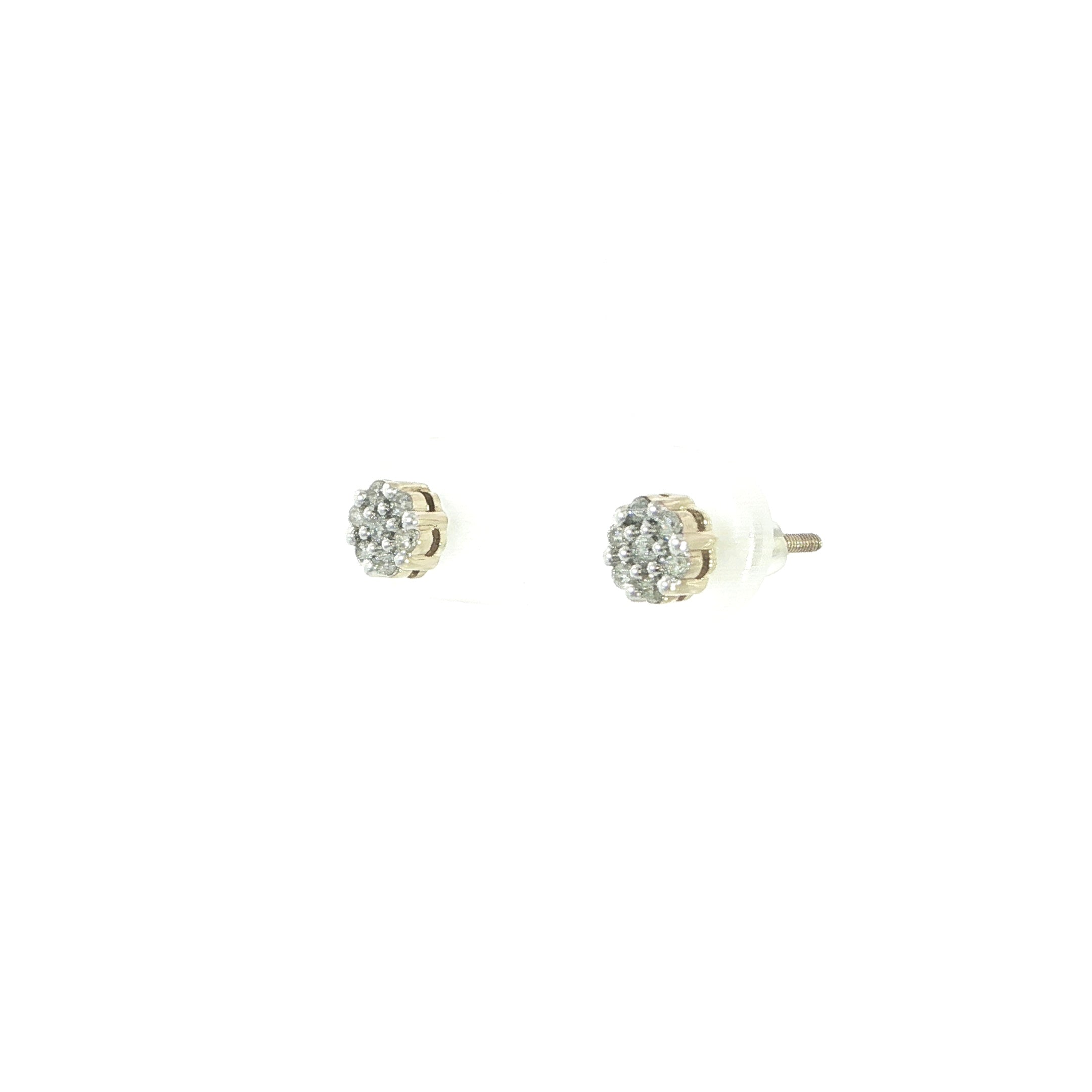 Round diamond cluster stud earrings in 10K yellow gold with screw backs