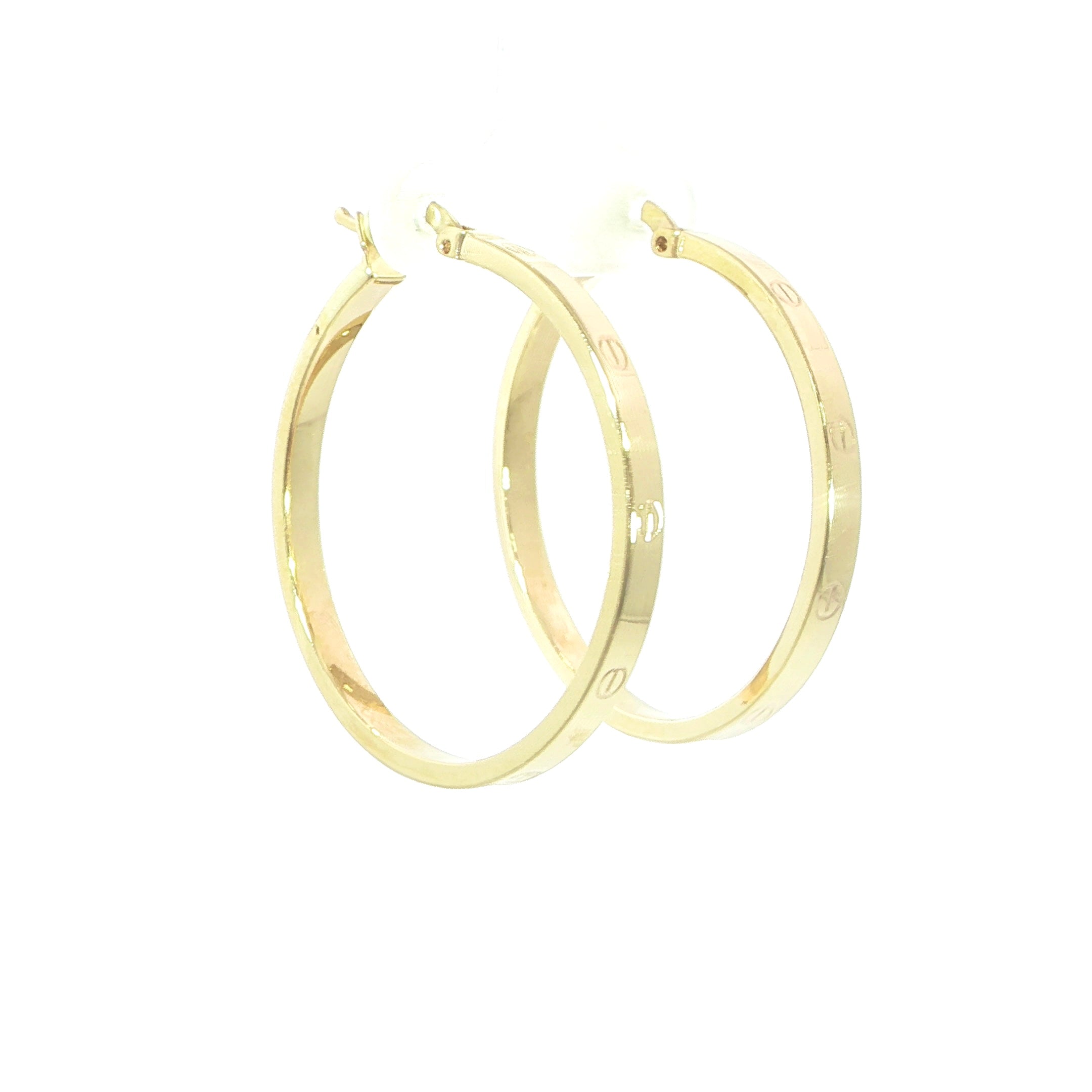 30MM yellow gold hoop earrings featuring screw motif design
