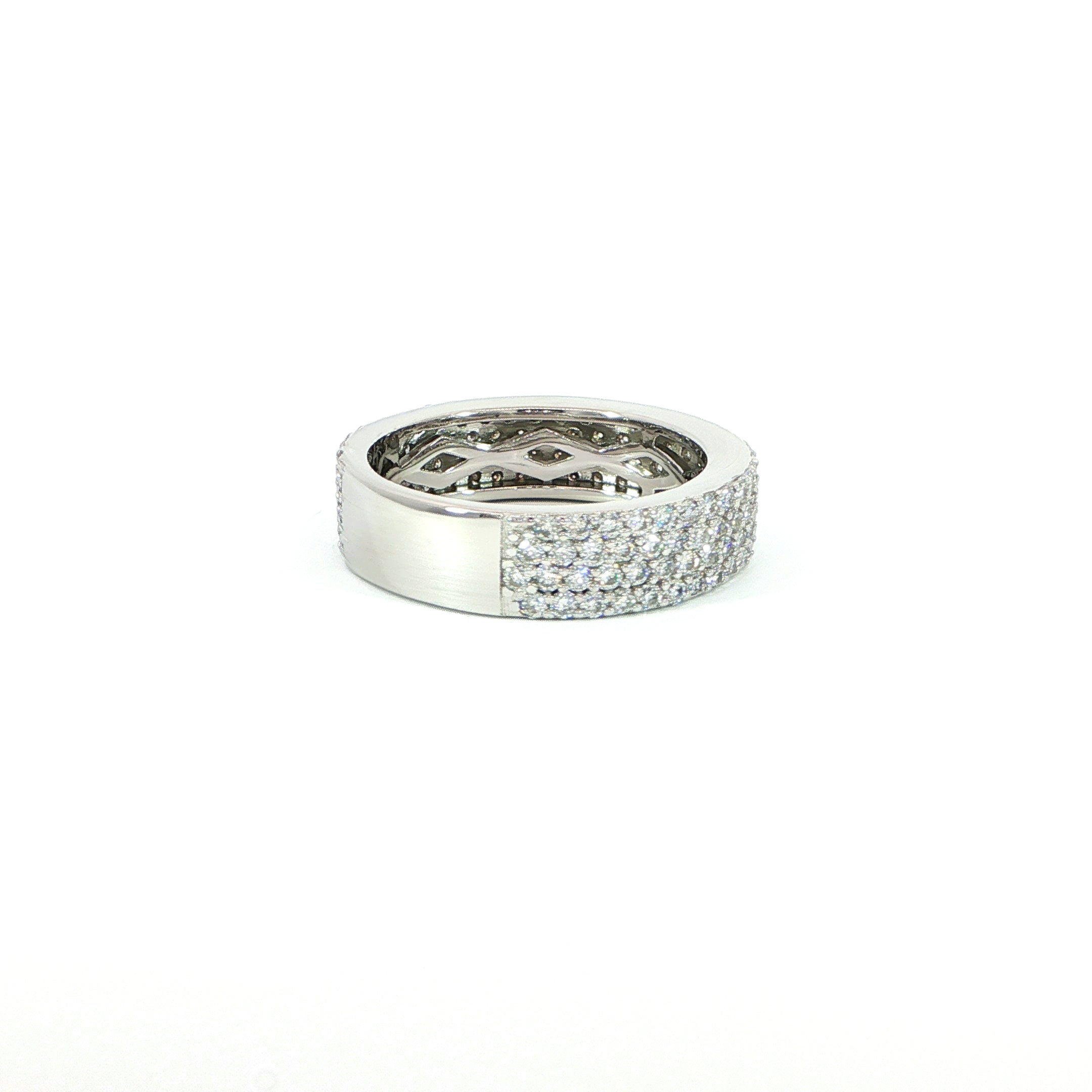 Wide sterling silver moissanite eternity ring with sparkling pave design
