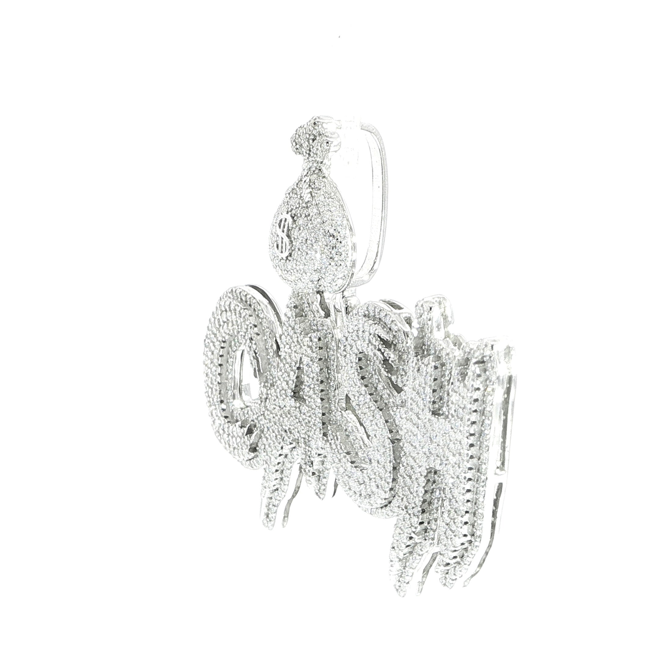 Hip-hop inspired CASH pendant flooded with moissanite stones.