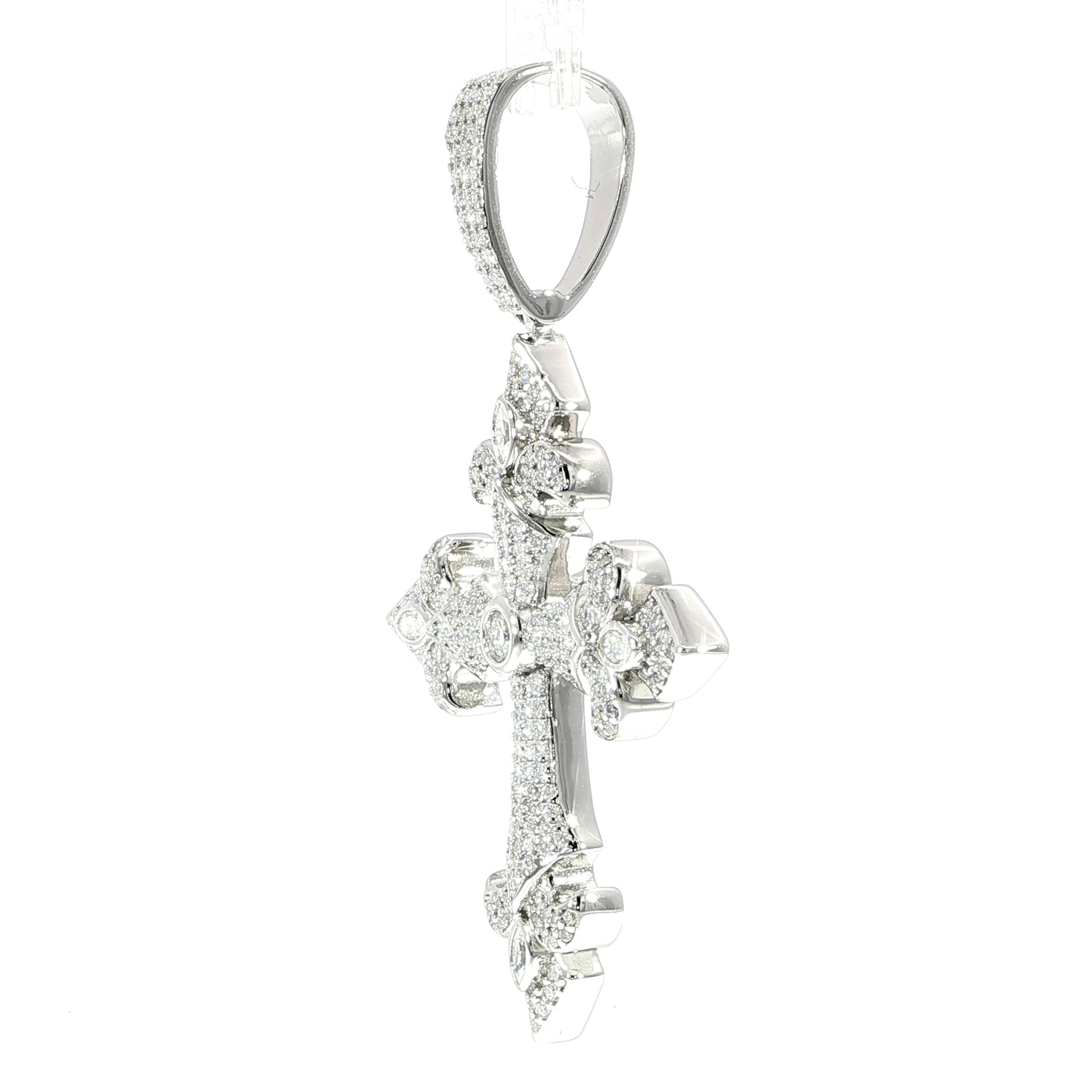 Ornate fleur-de-lis cross pendant crafted in sterling silver and set with moissanite.