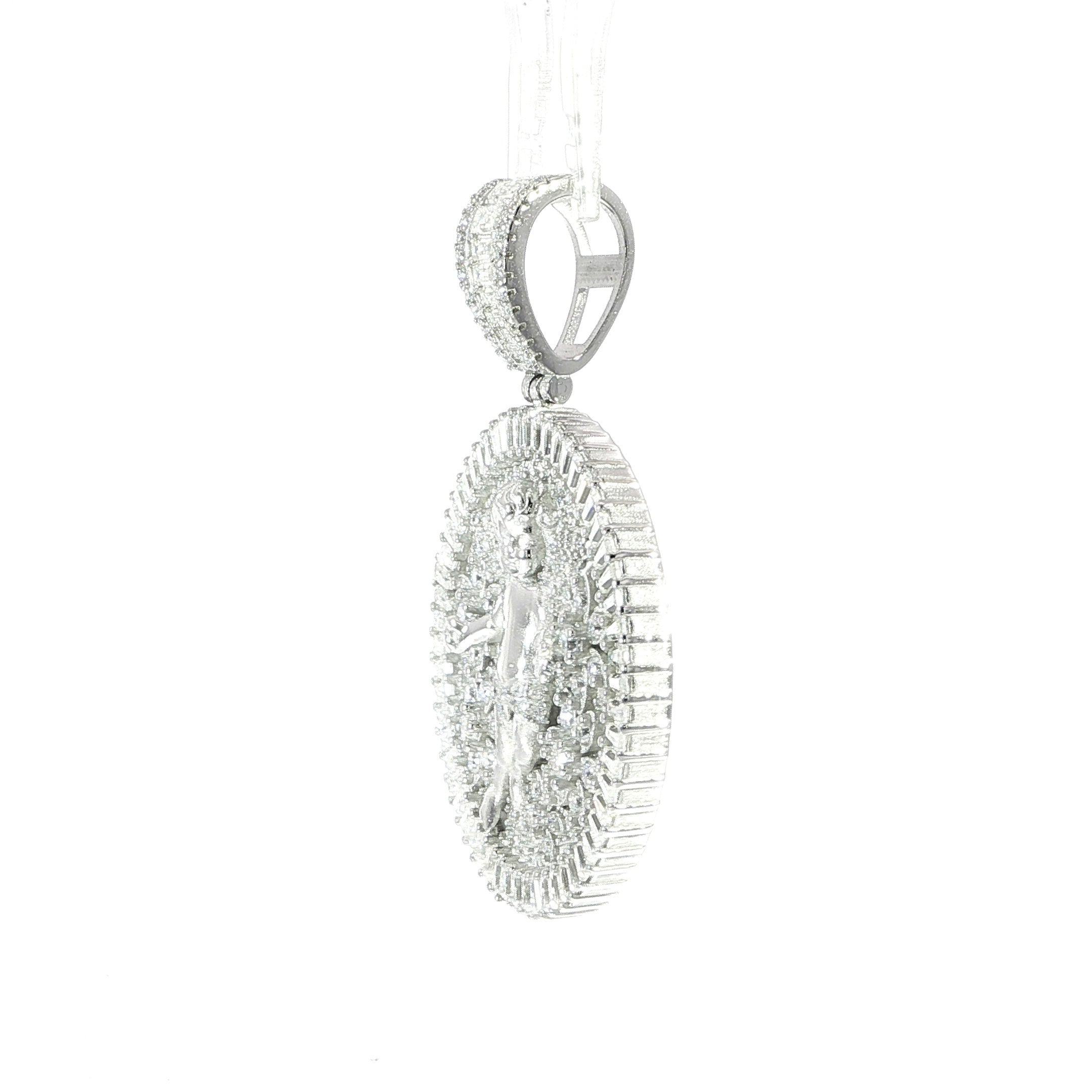 Luxury cherub medallion crafted with round and baguette moissanite stones.