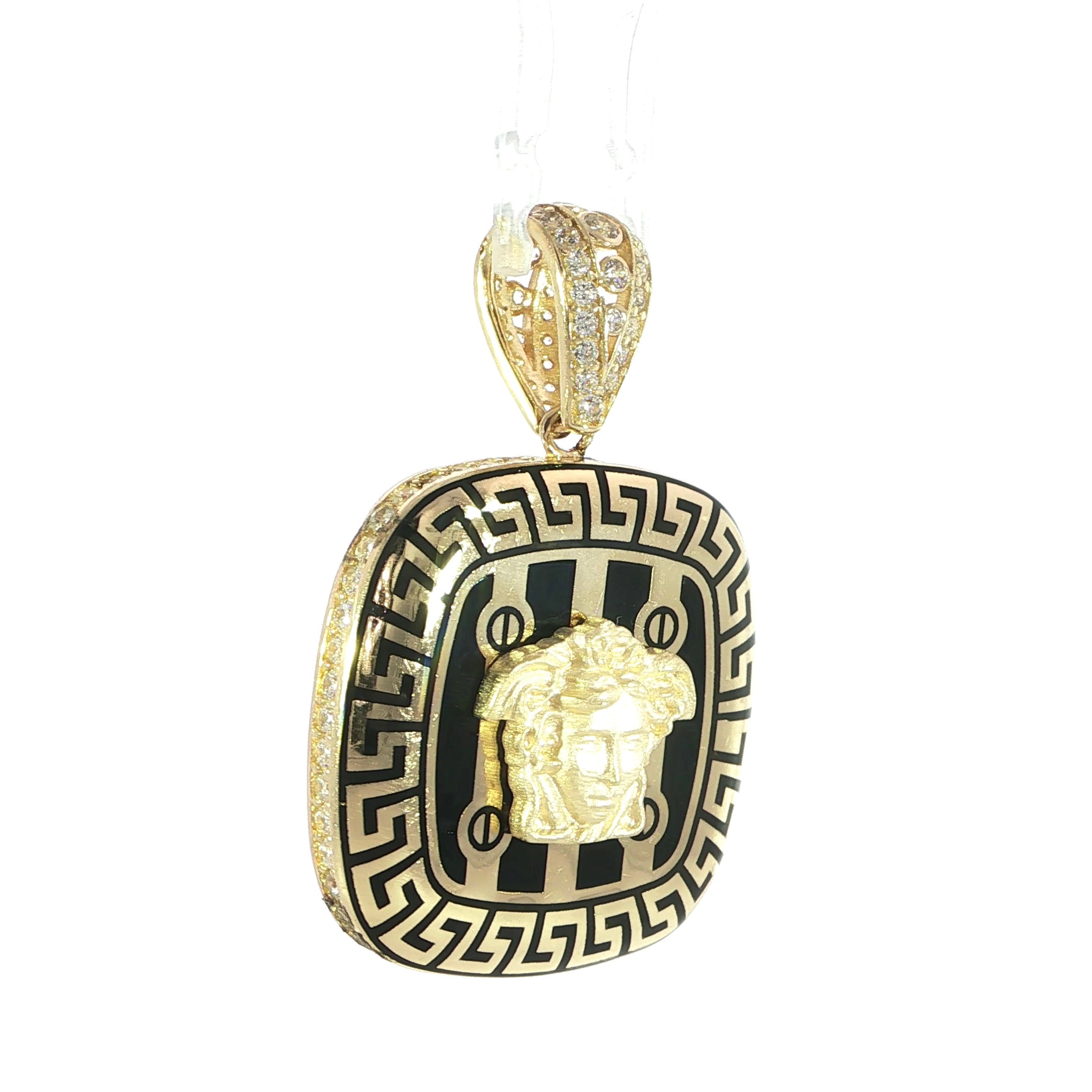 14K yellow gold lion head pendant with Greek key border