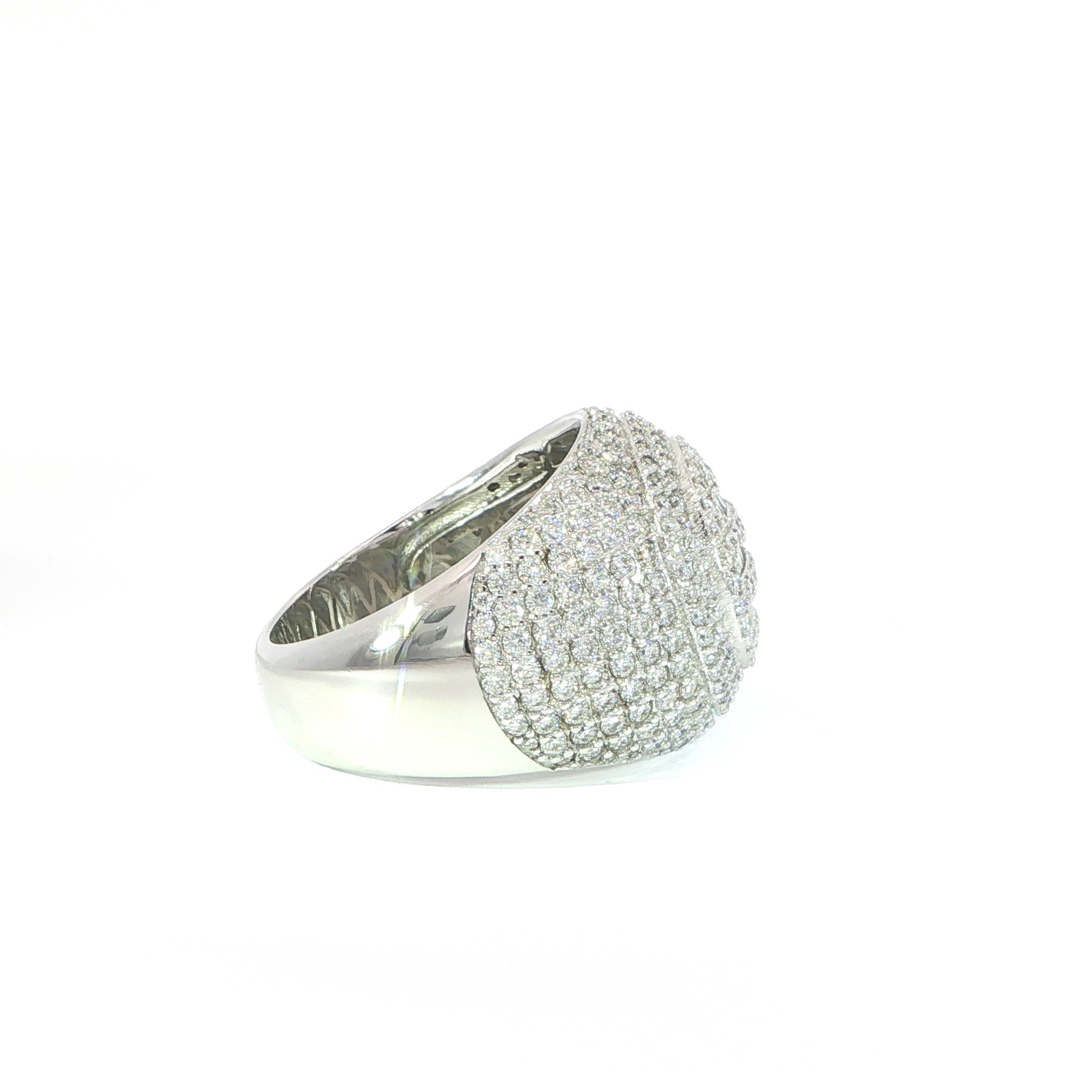 Side profile sterling silver pavé ring with VVS moissanite stones