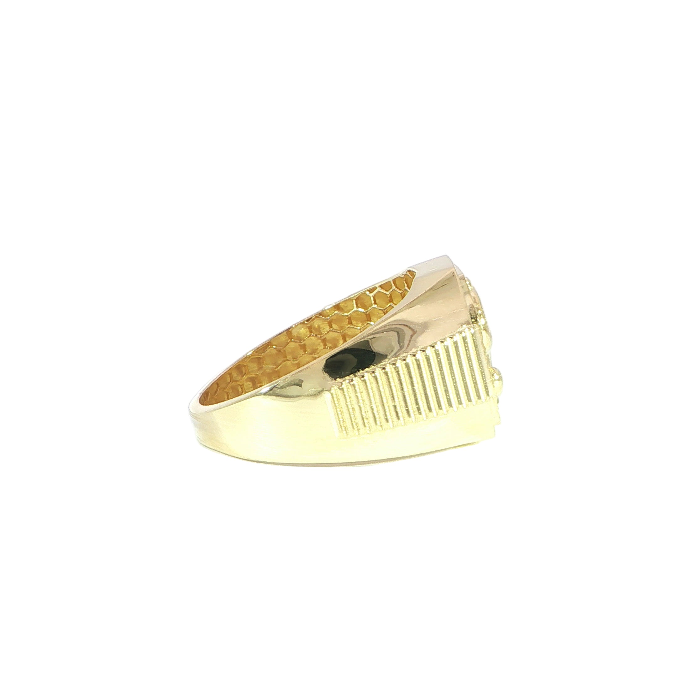 Men’s 14K gold dollar sign signet ring with grooved sides