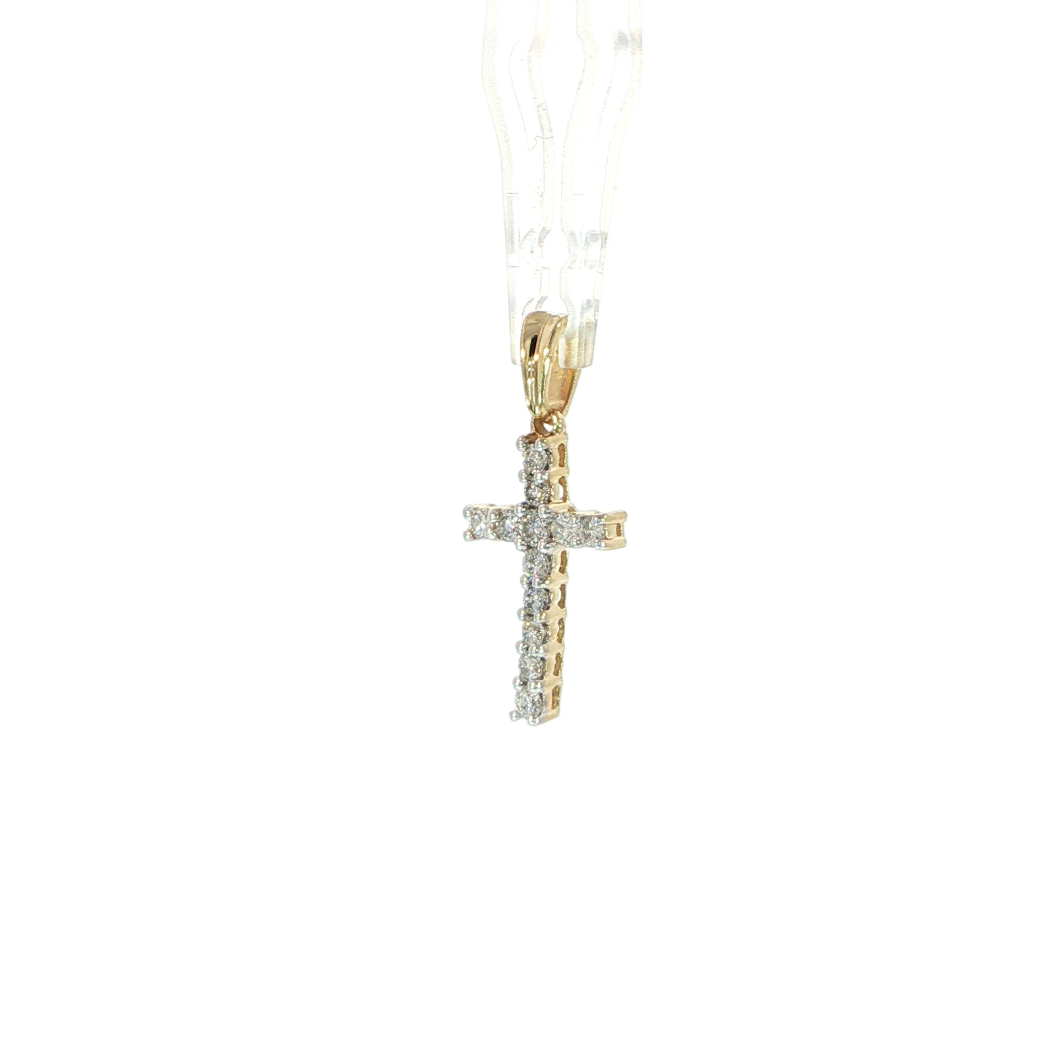 Small 14K gold religious cross pendant with natural diamonds.