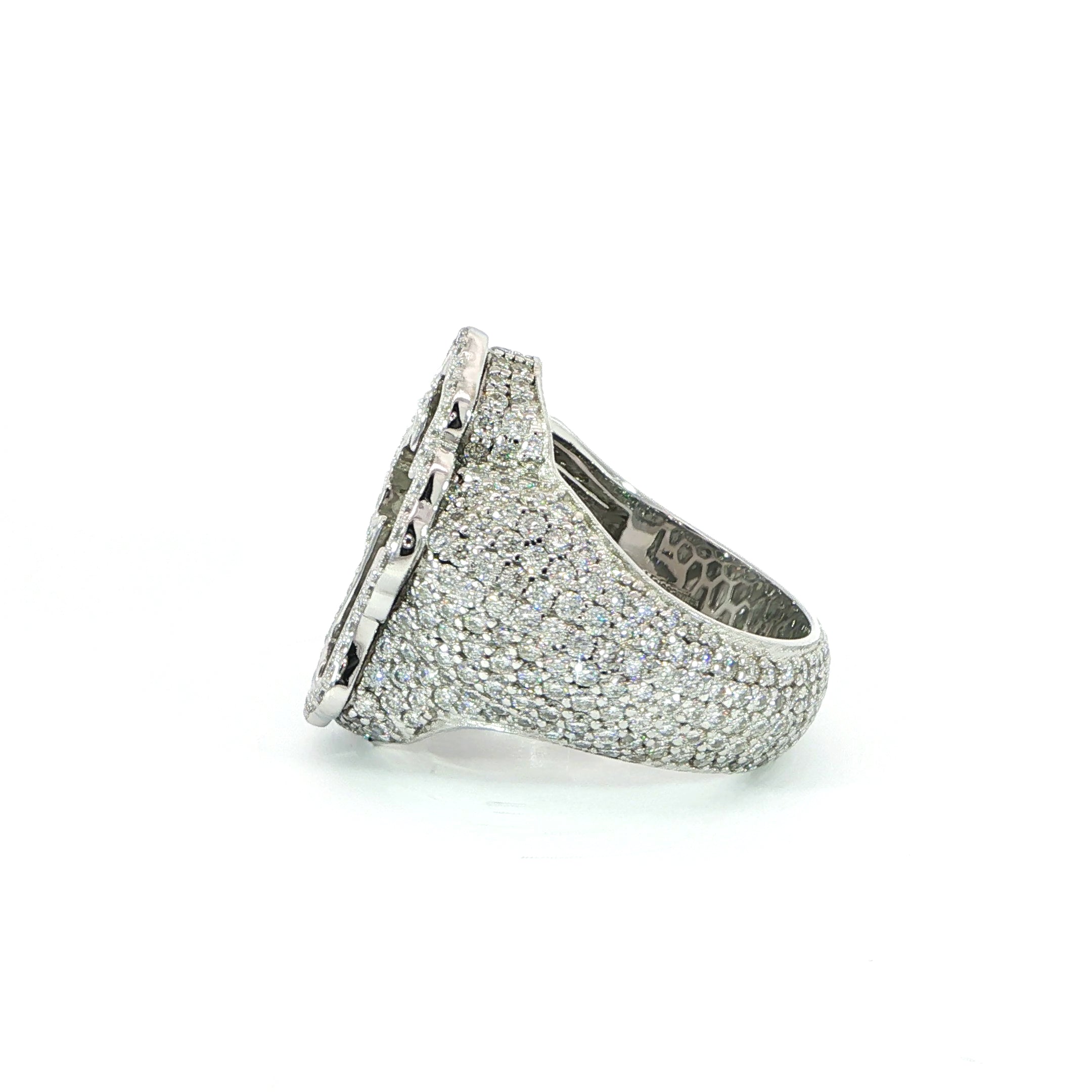 Luxury sterling silver cross ring with halo and pave moissanite detailing