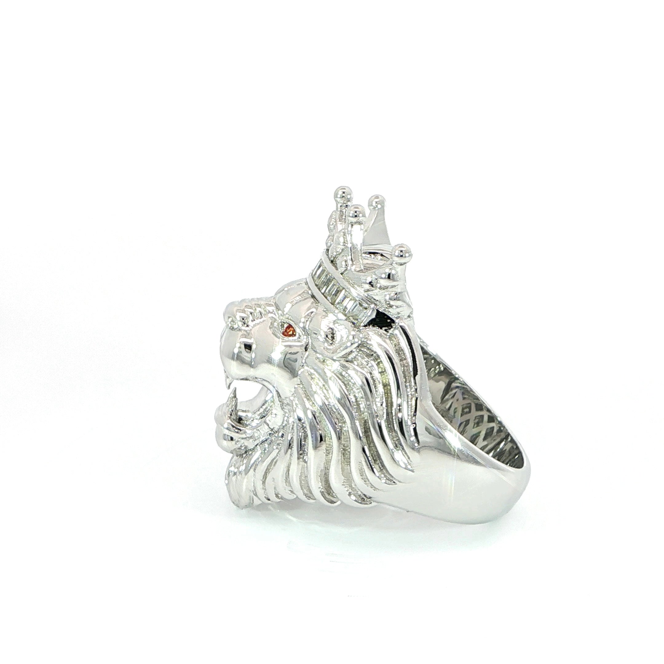 Sterling silver lion head statement ring with crown design and moissanite sparkle