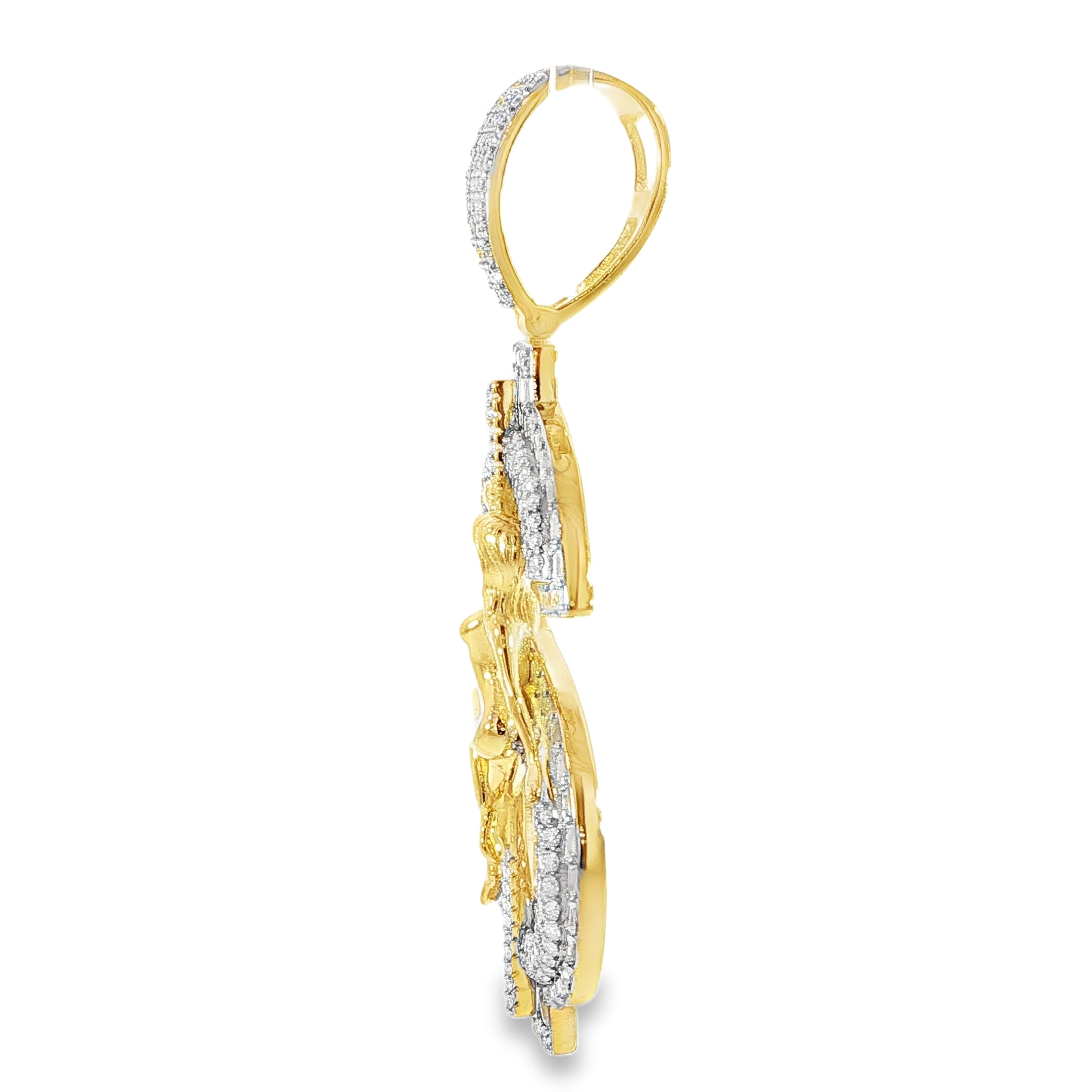 Iced money sign pendant crafted in sterling silver with a pole dancer design.
