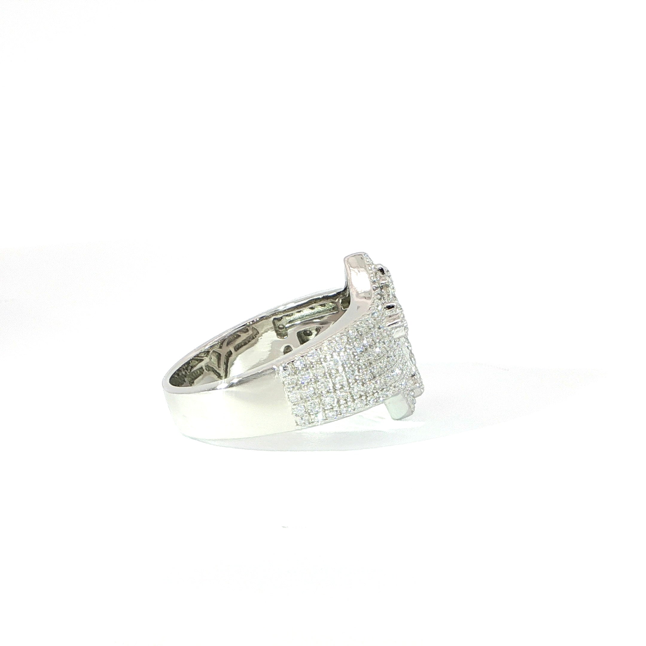 Side sterling silver ring featuring a pave moissanite cross centerpiece