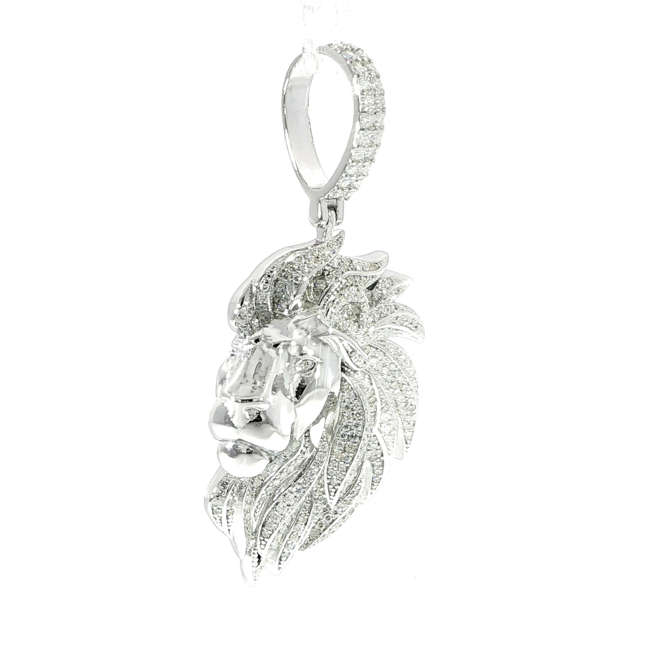Iced lion head pendant crafted in sterling silver with detailed mane.