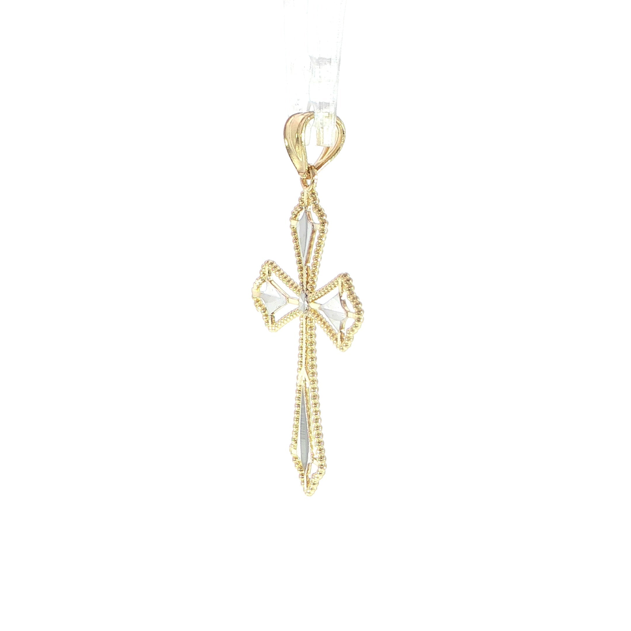 Side profile 14K gold two-tone ornate cross pendant