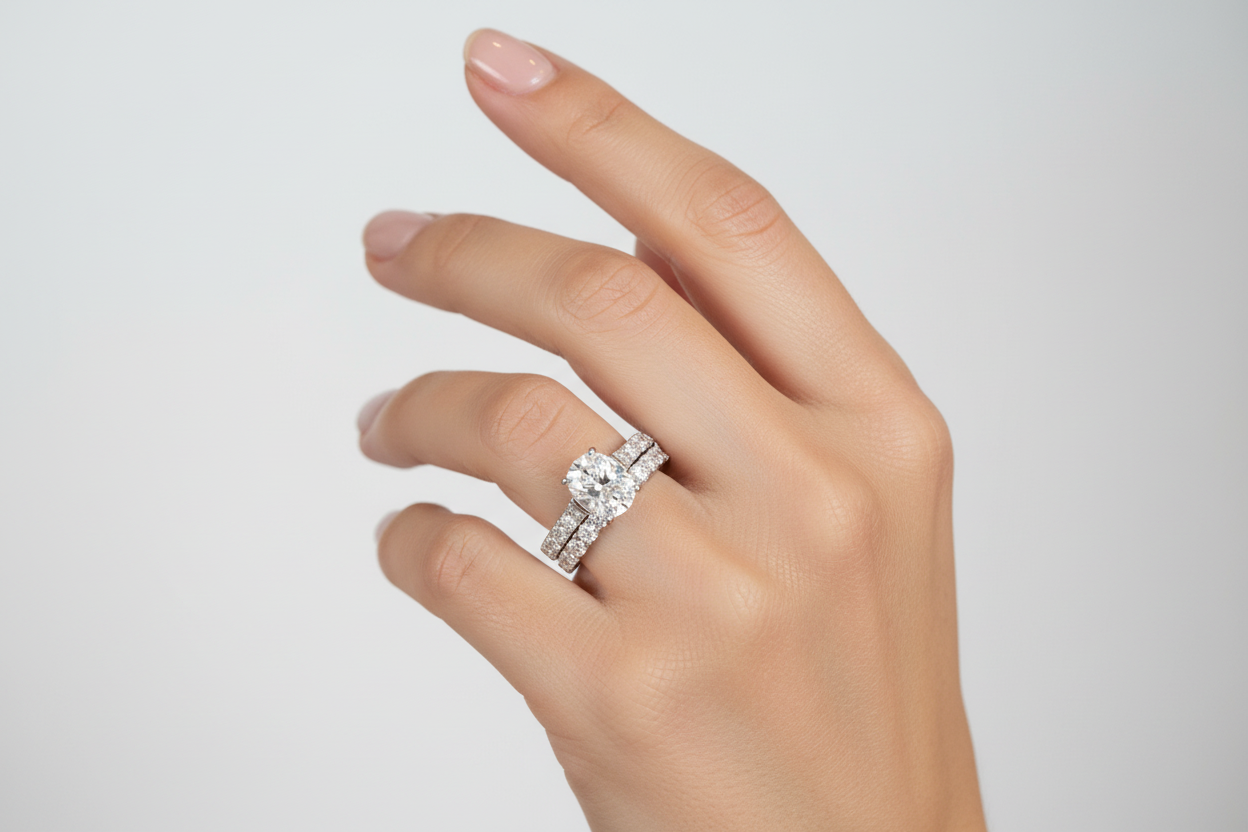 2CT oval moissanite ring set in silver on model