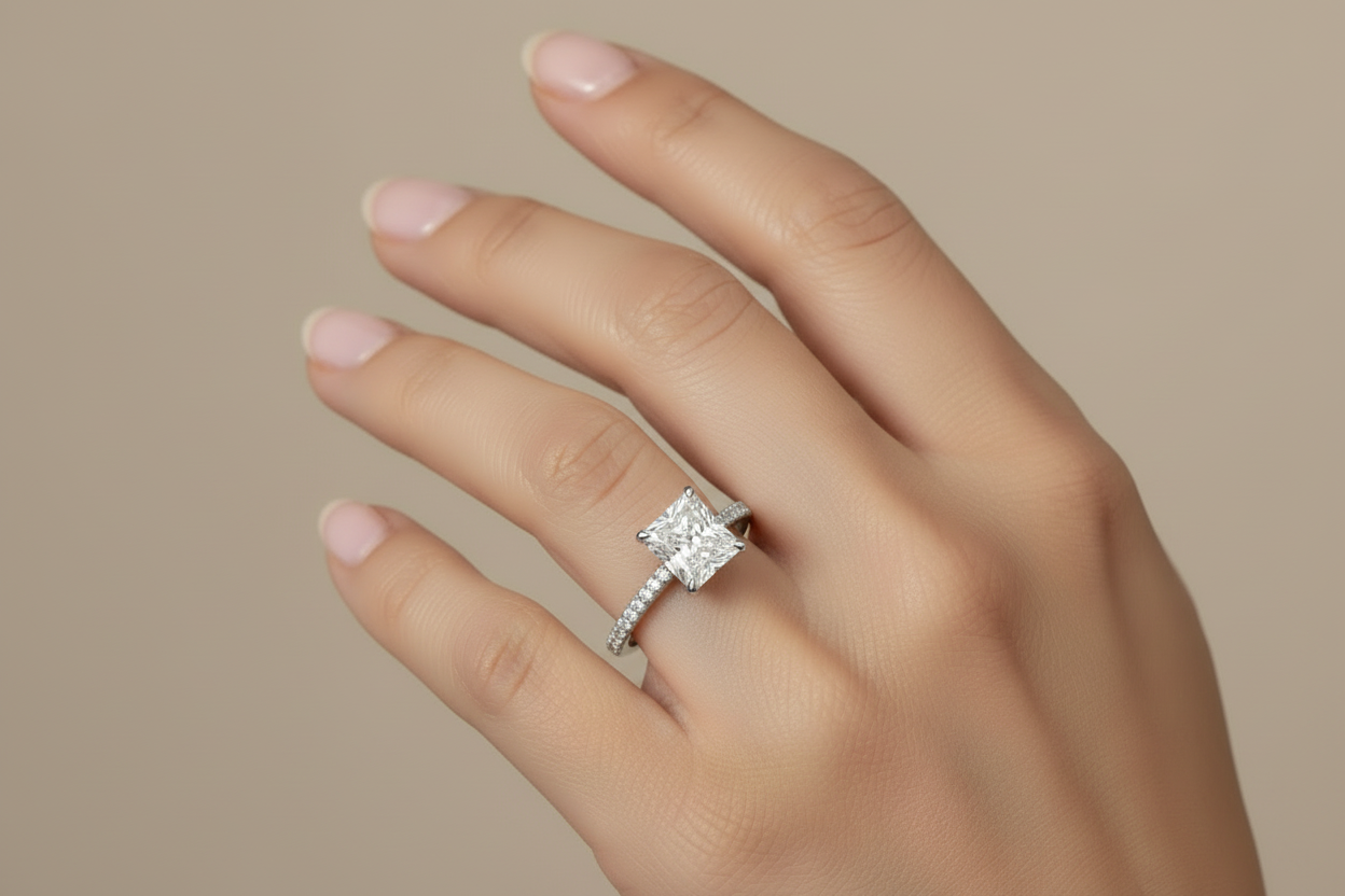Princess cut diamond ring with diamond band hand model