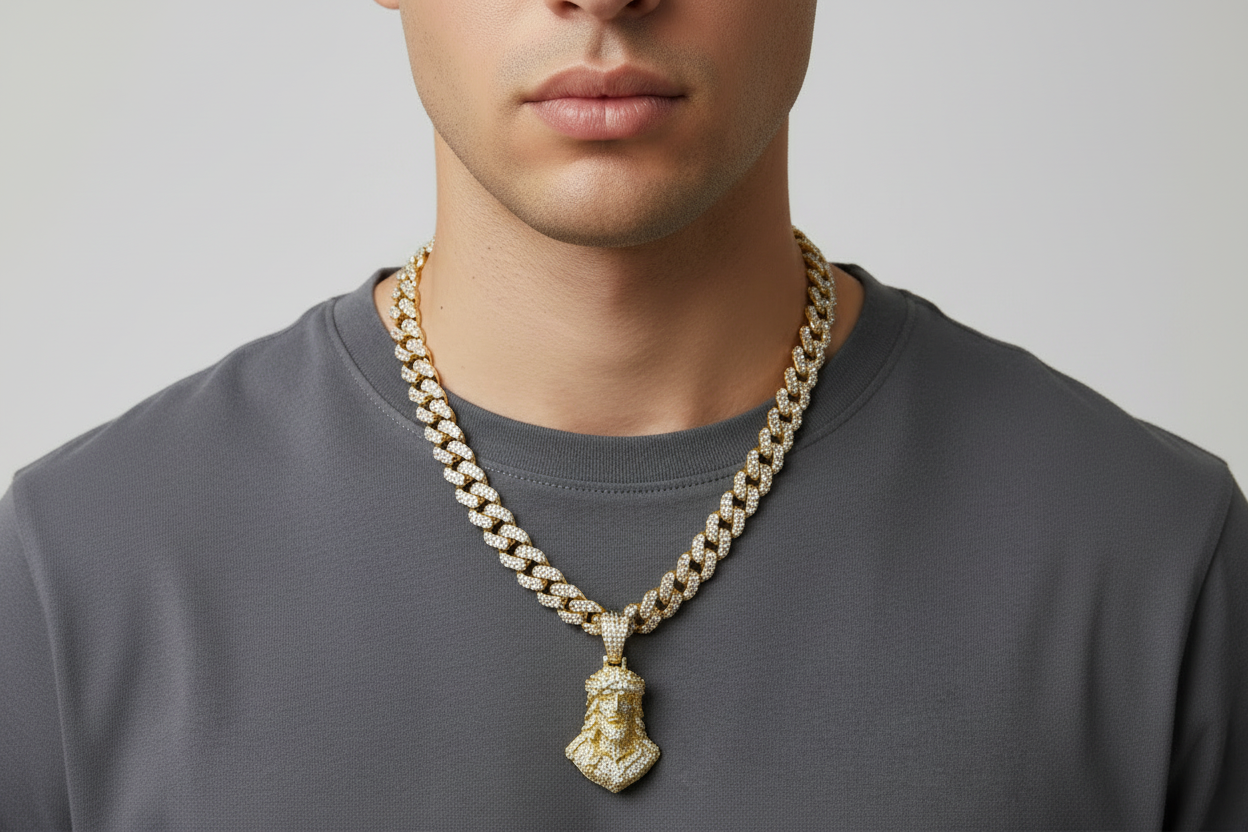 Model wearing a statement religious pendant featuring the face of Jesus.