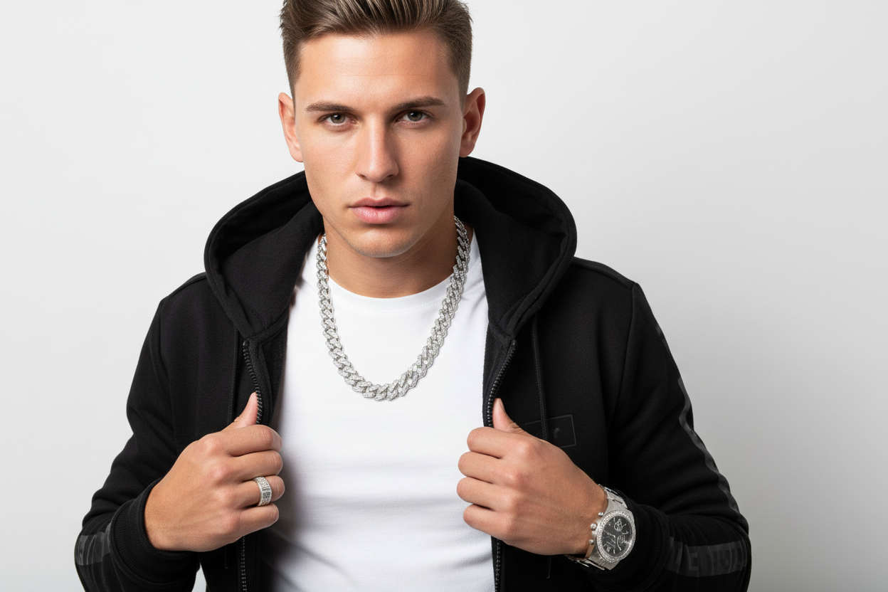 Model wearing sterling silver baguette Cuban link chain necklace with VVS moissanite and pavé clasp