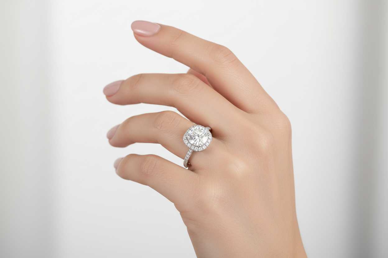 Sterling Silver Cushion Halo Ring with 3CT VVS Moissanite on Model