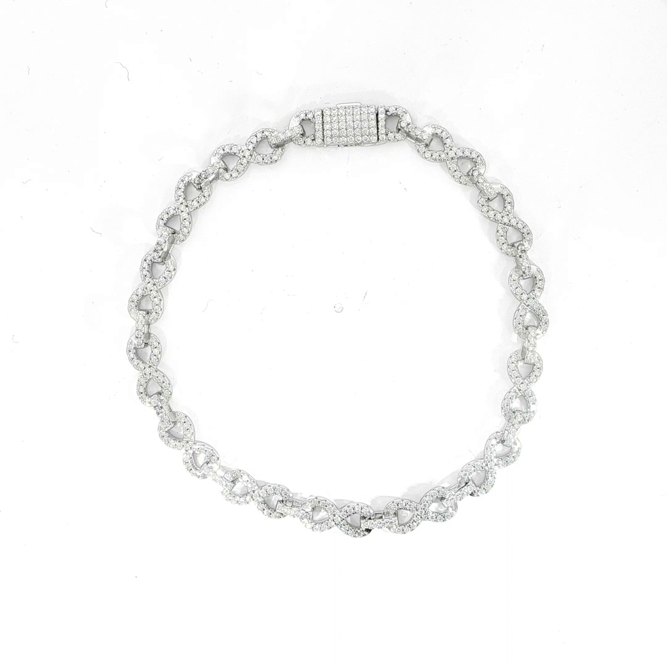 Women's 925 sterling silver infinity bracelet with VVS moissanite stones and iced infinity symbol links.