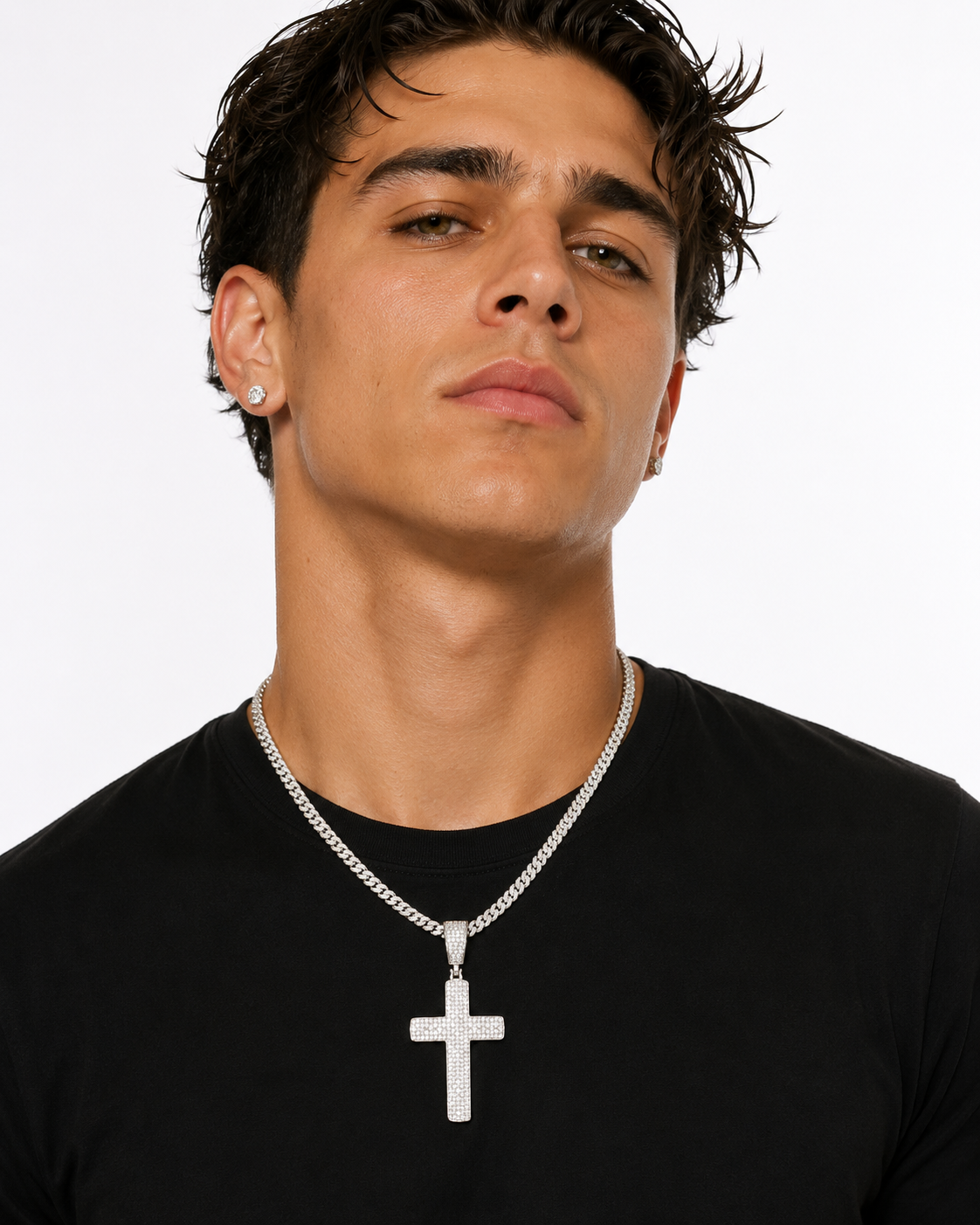 Model Wearing Sterling Silver Iced Out Cross Pendant with VVS Moissanite
