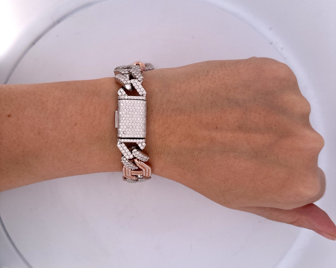Sterling silver iced out geometric Cuban link bracelet featuring 12.14 carats of VVS moissanite and a bold 15.5MM profile