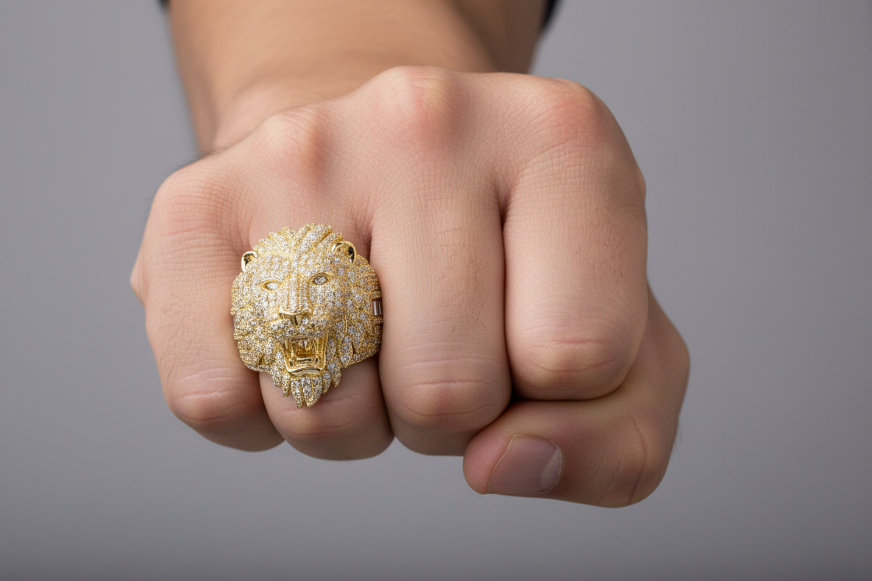 Sterling silver lion head ring moissanite on model