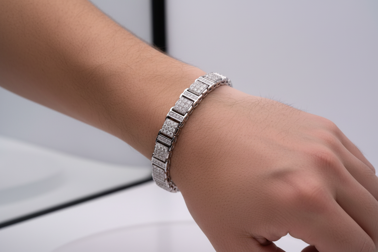 sterling silver men's pavé square link tennis bracelet featuring 10 CTW of VVS moissanite